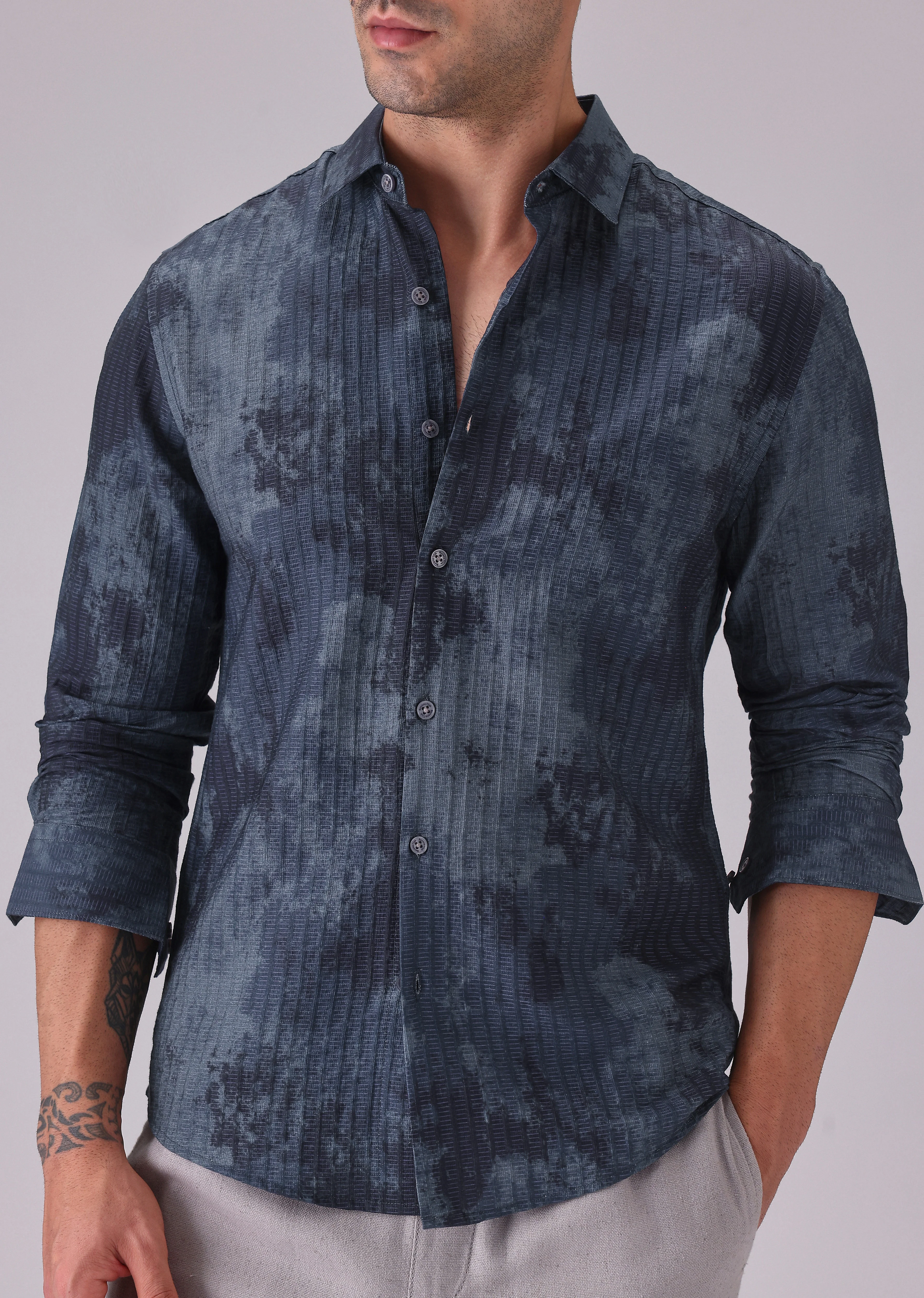 Paralleled Line Blue Printed Shirt - Image 7