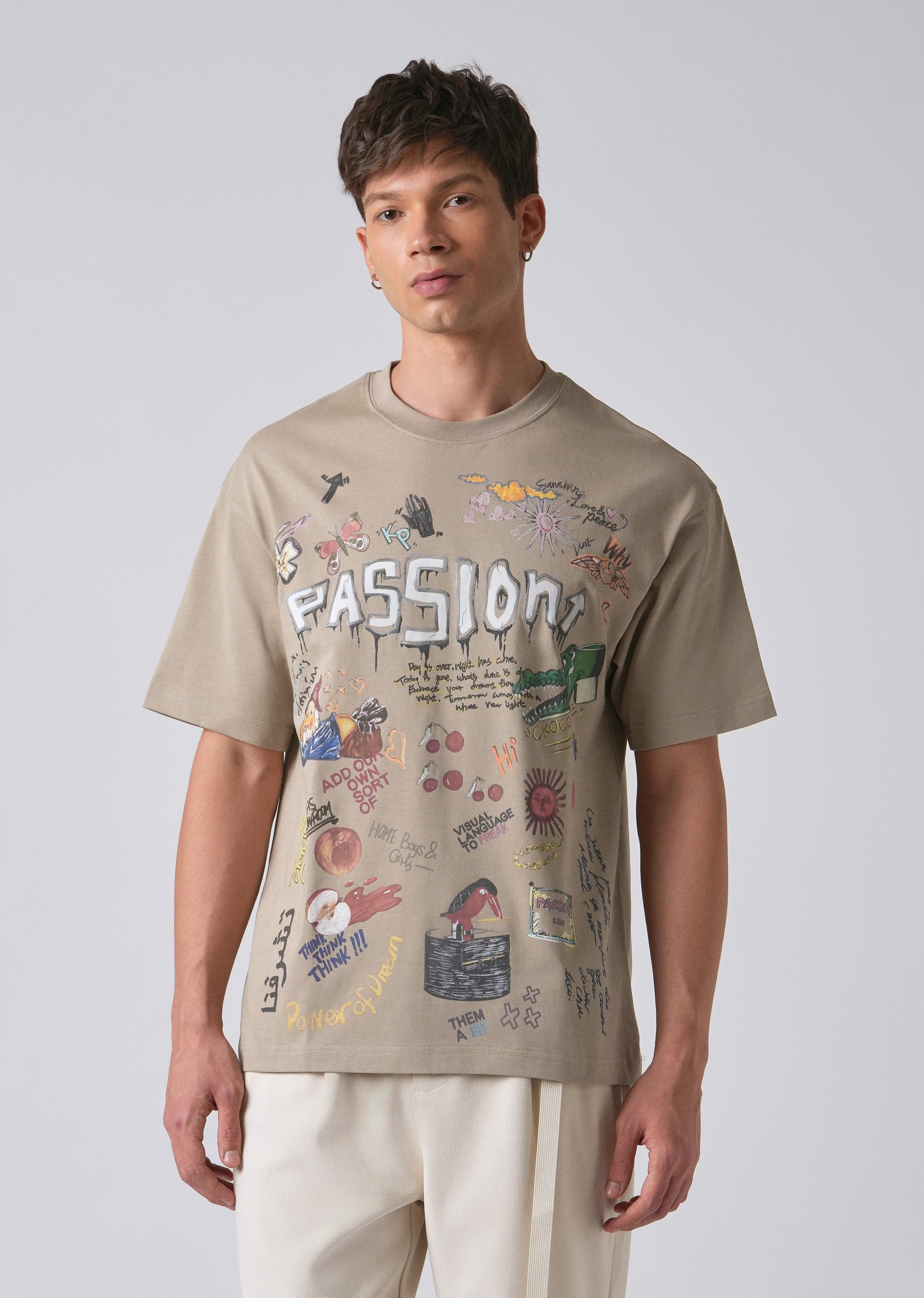 Passion Beige Printed Oversized T-shirt - Image 3