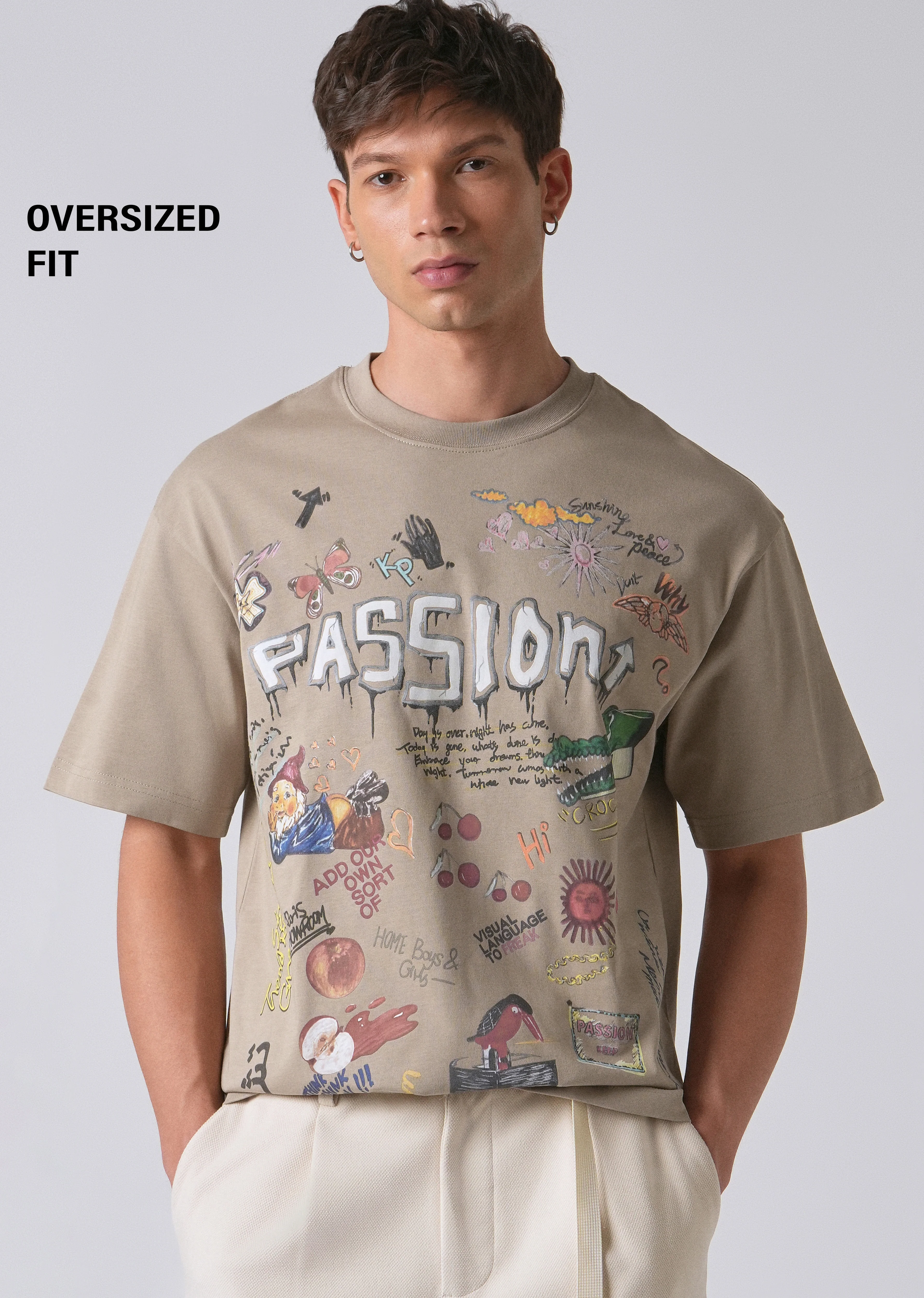 Passion Beige Printed Oversized T-shirt - Image 7