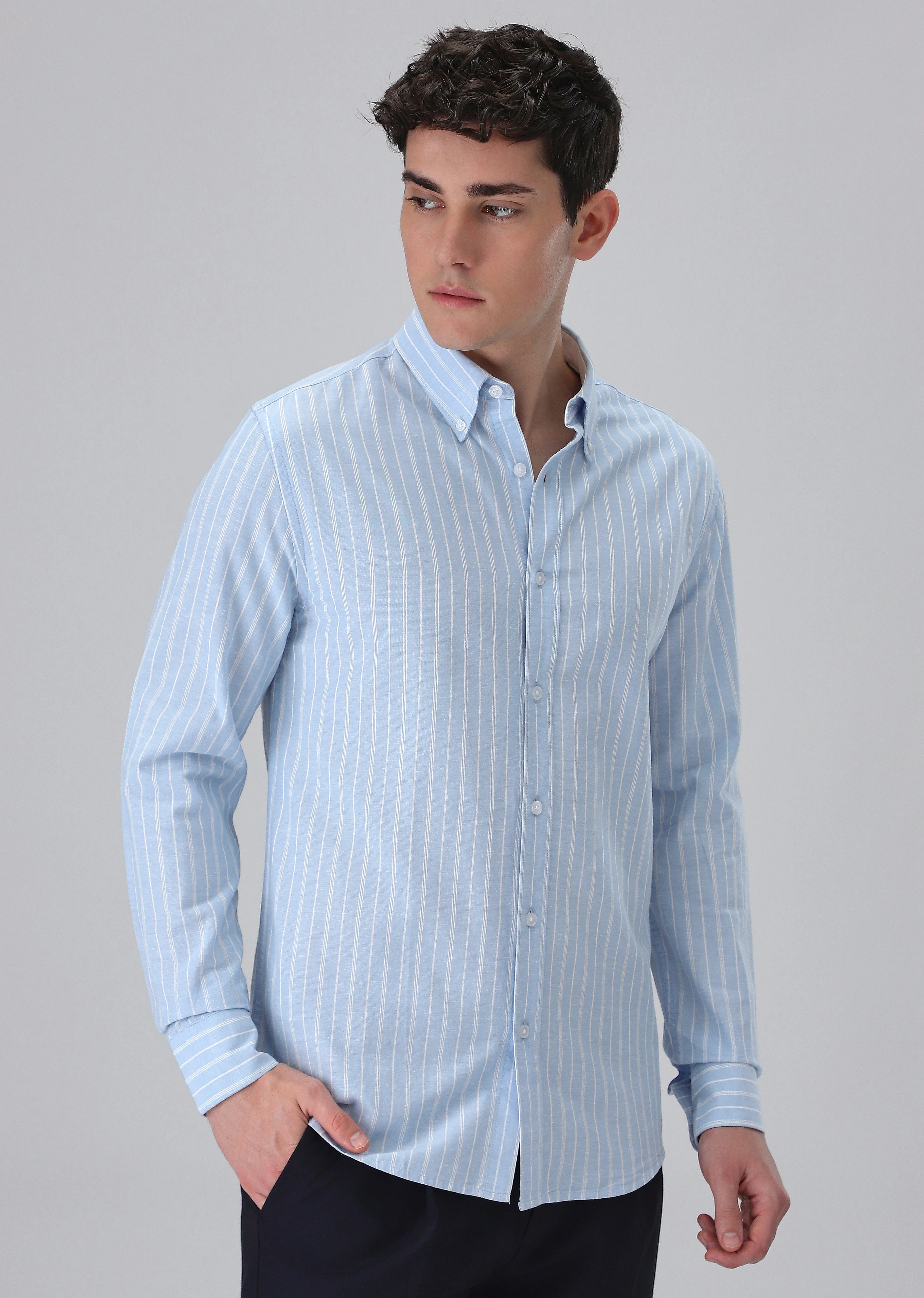 Pastel Blue Cotton Stripe Shirt - Image 5