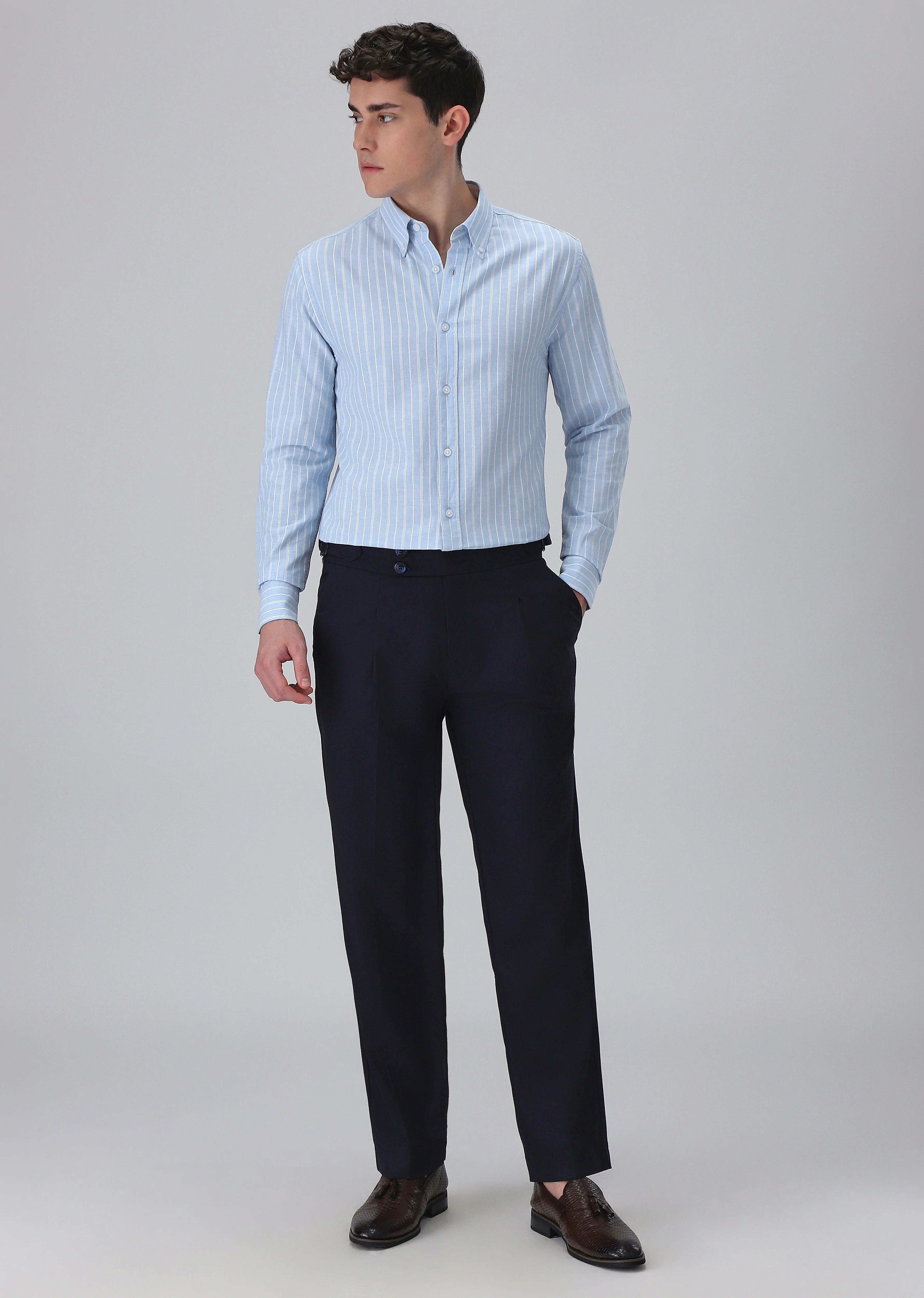 Pastel Blue Cotton Stripe Shirt - Image 6
