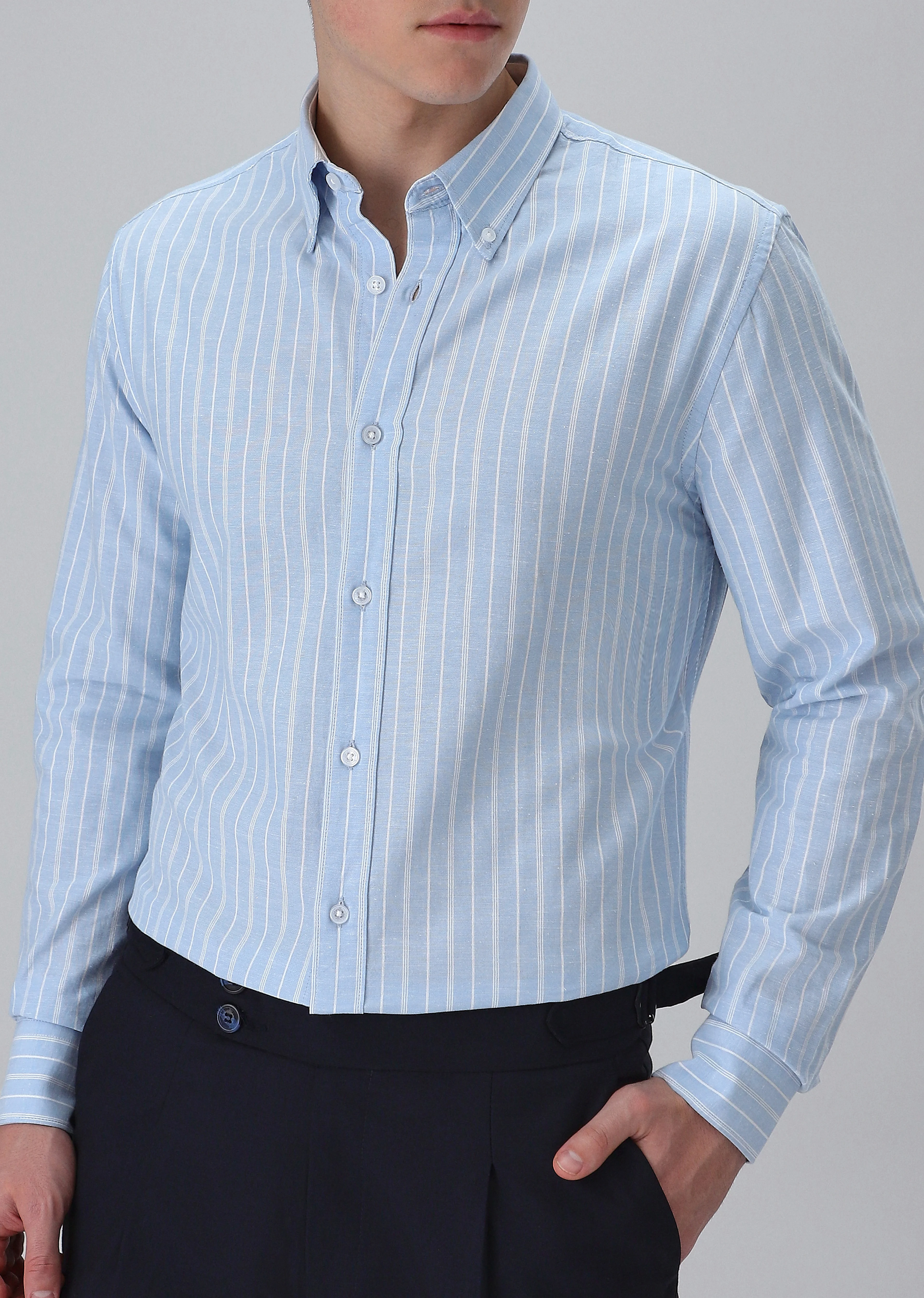 Pastel Blue Cotton Stripe Shirt - Image 7