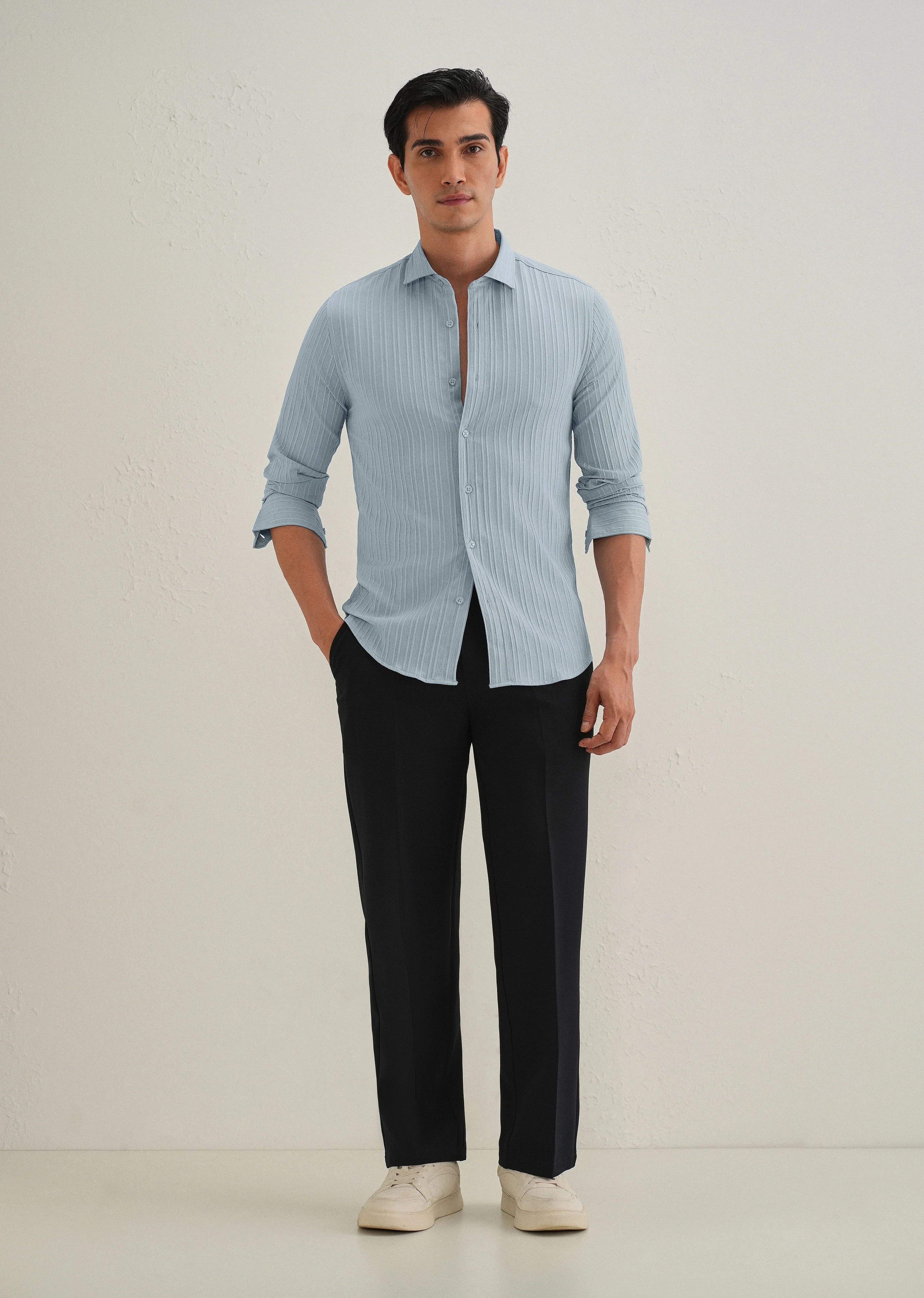 Pastel Blue Plain Self Striped Shirt - Image 6
