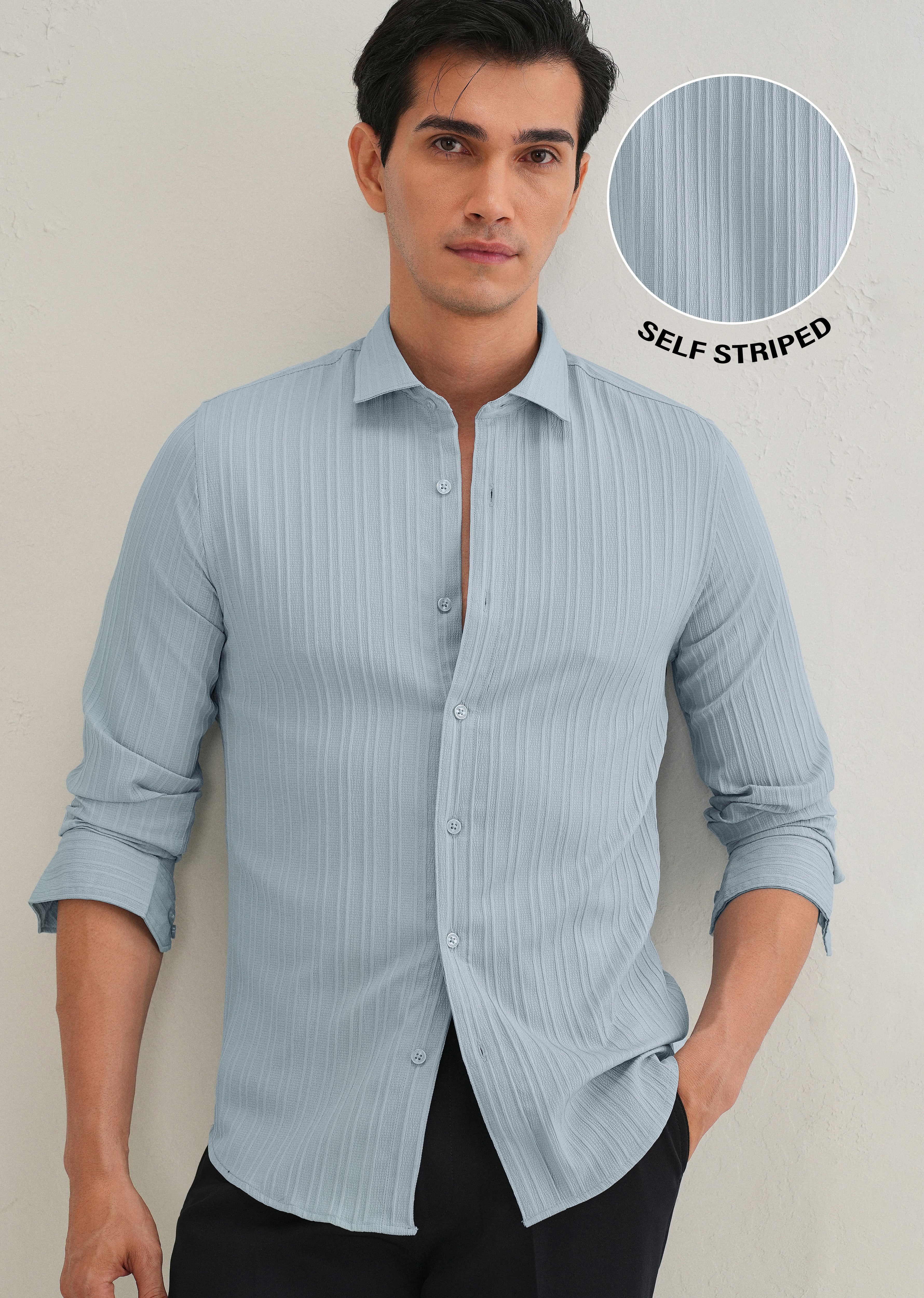Pastel Blue Plain Self Striped Shirt - Image 7