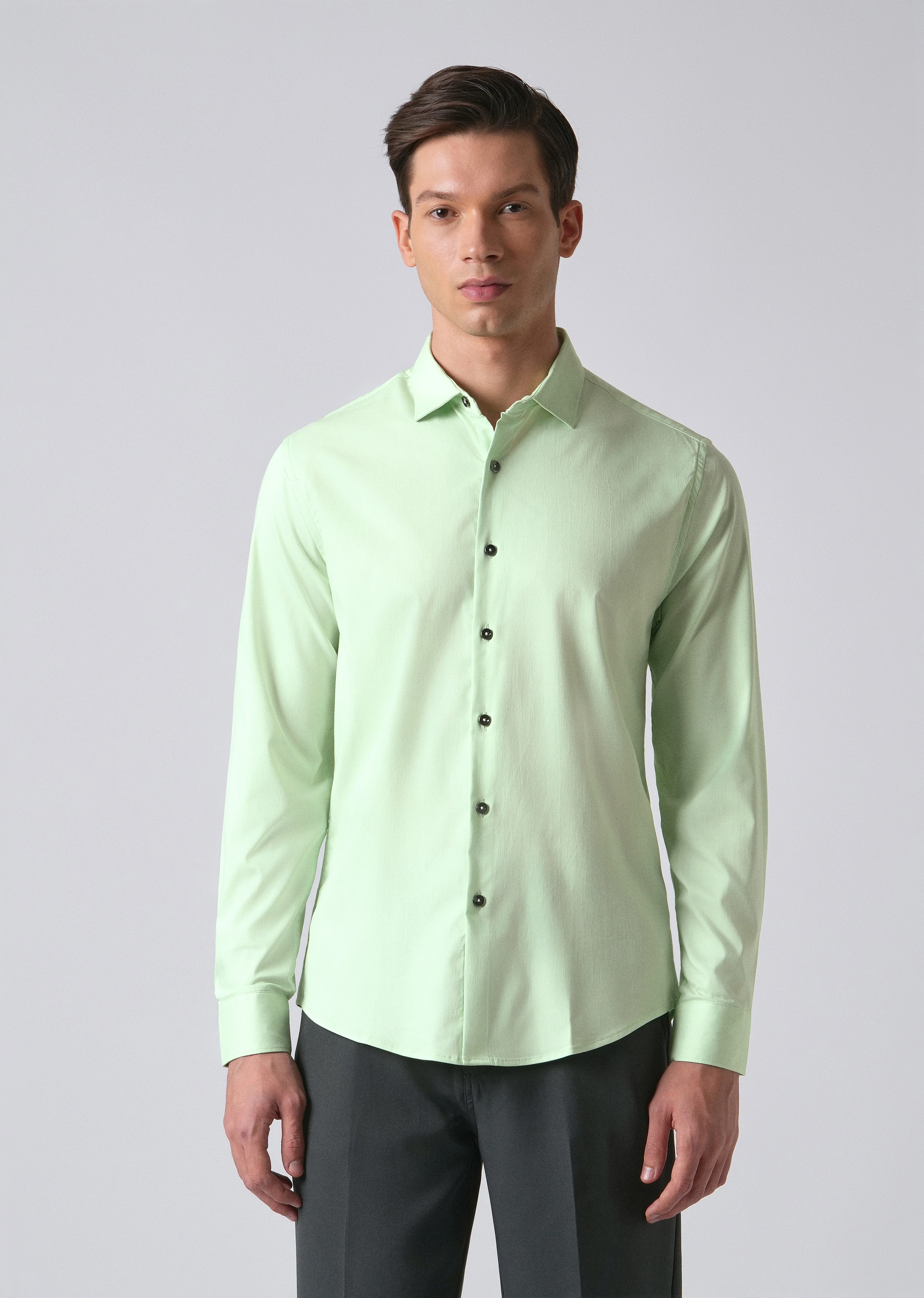 Pastel Green Cotton Stretch Plain Shirt - Image 3