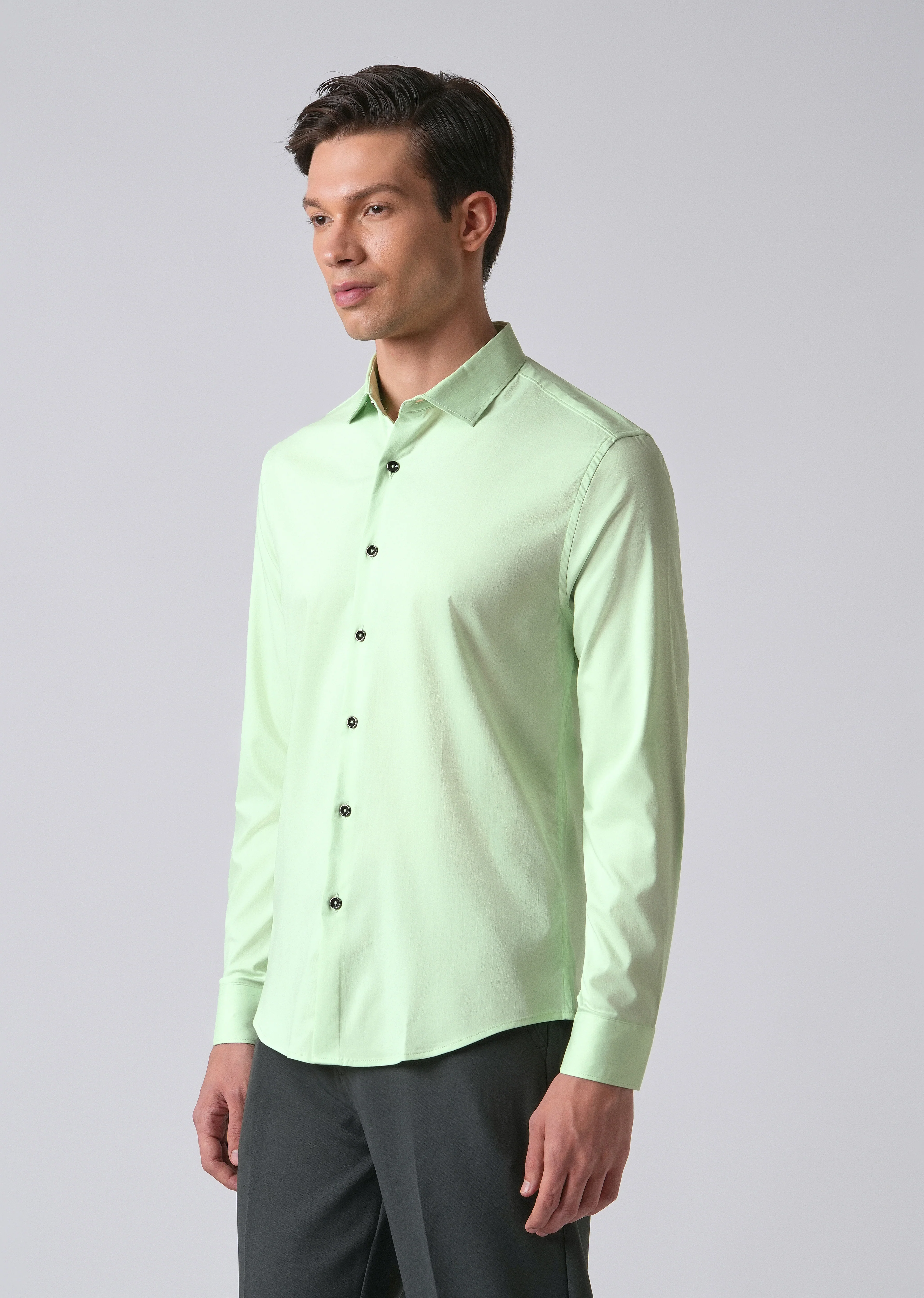 Pastel Green Cotton Stretch Plain Shirt - Image 4