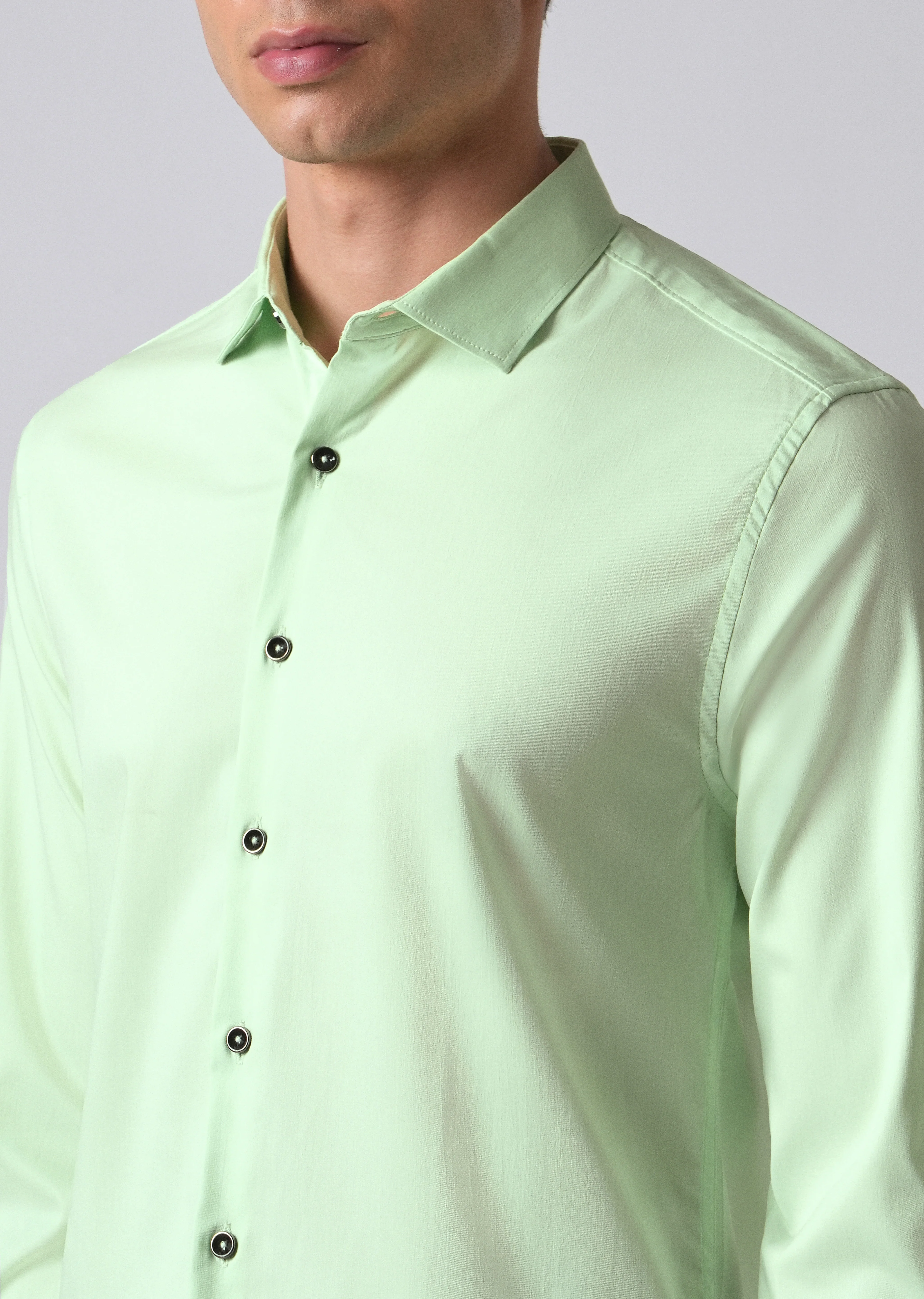 Pastel Green Cotton Stretch Plain Shirt - Image 5
