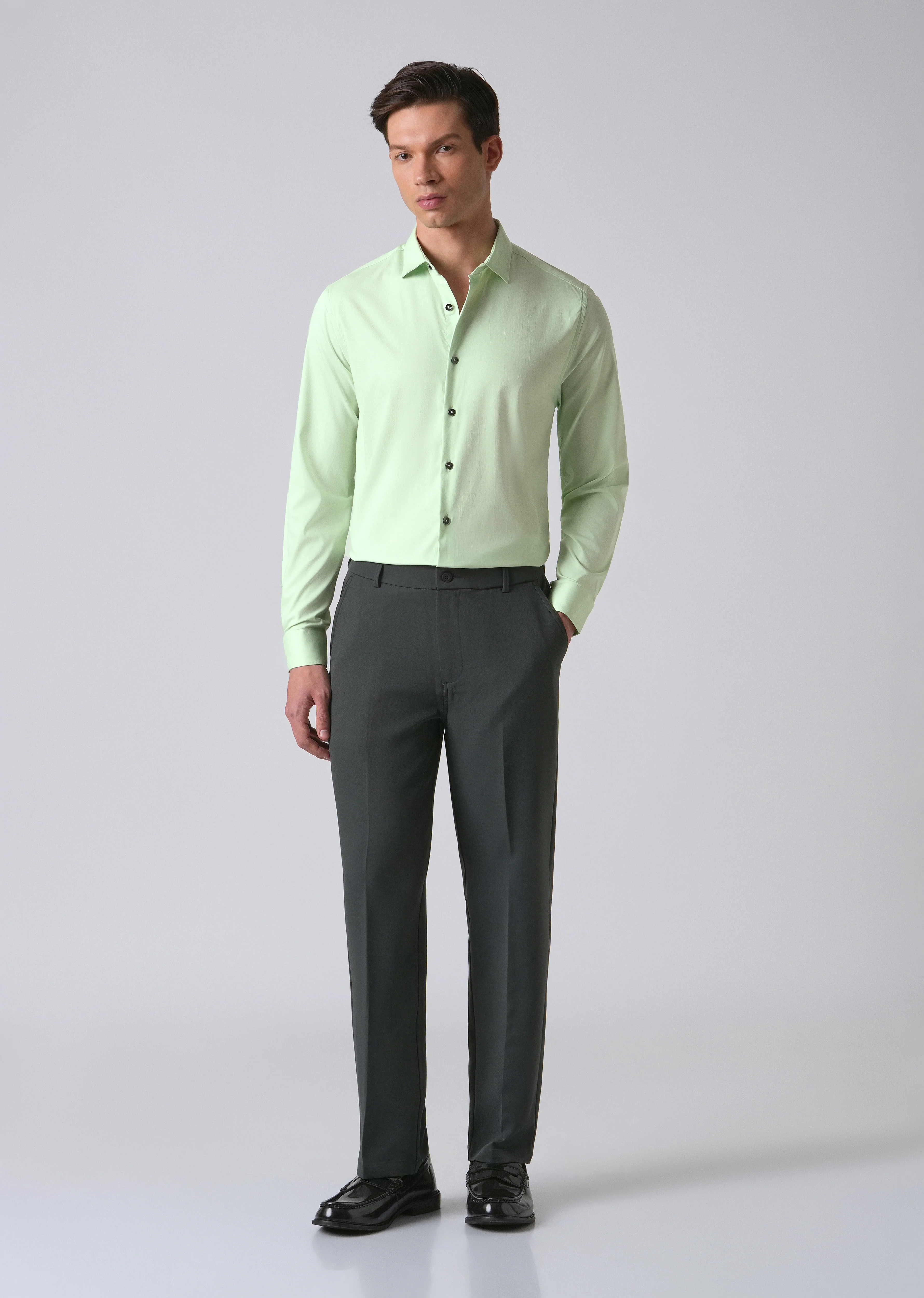 Pastel Green Cotton Stretch Plain Shirt - Image 6