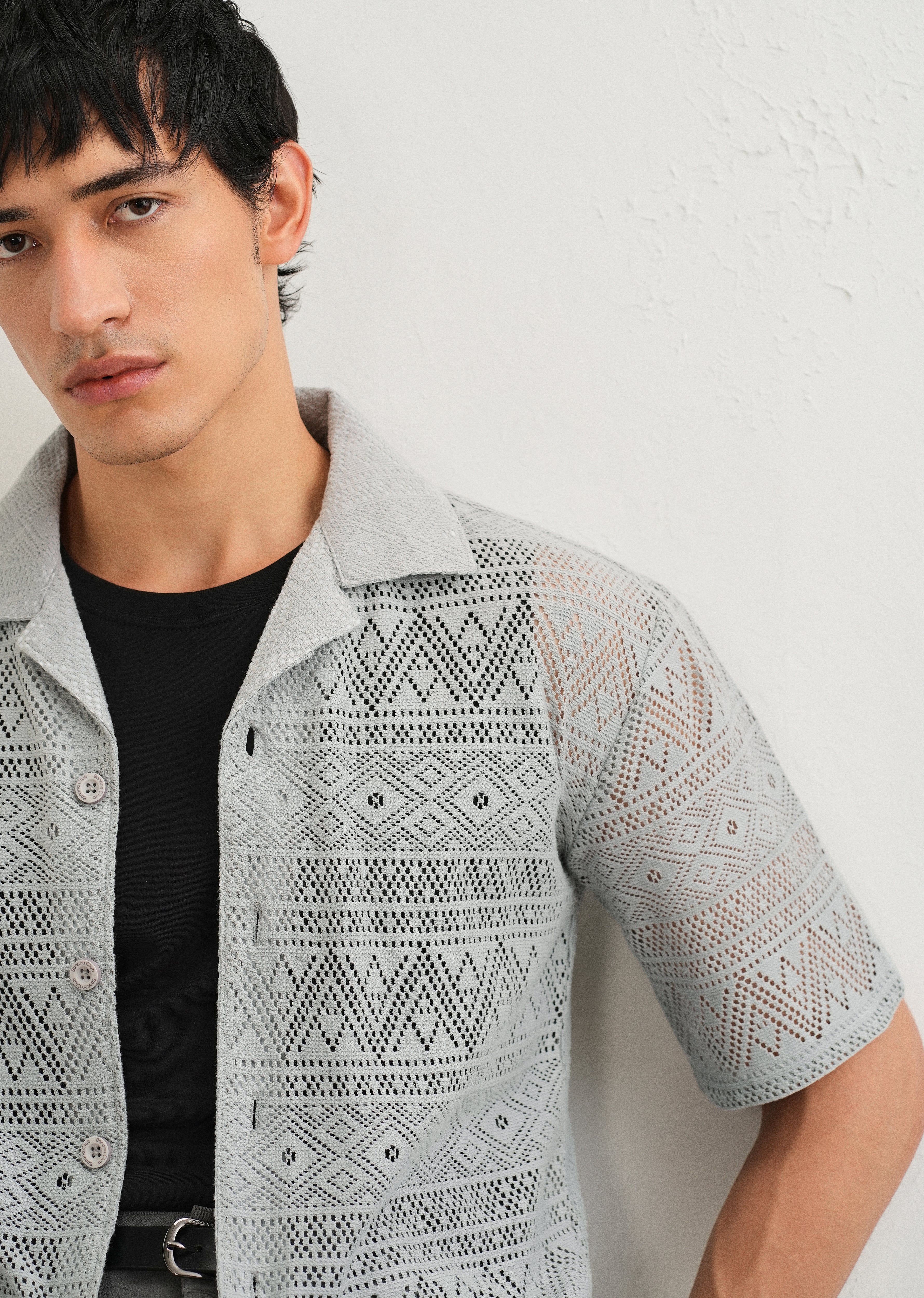 Pastel Grey Crochet Shirt - Image 5