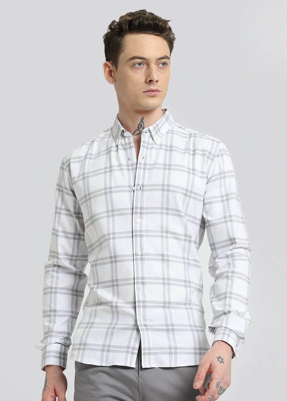 Pastel Grey Oxford Cotton Check Shirt - Image 3