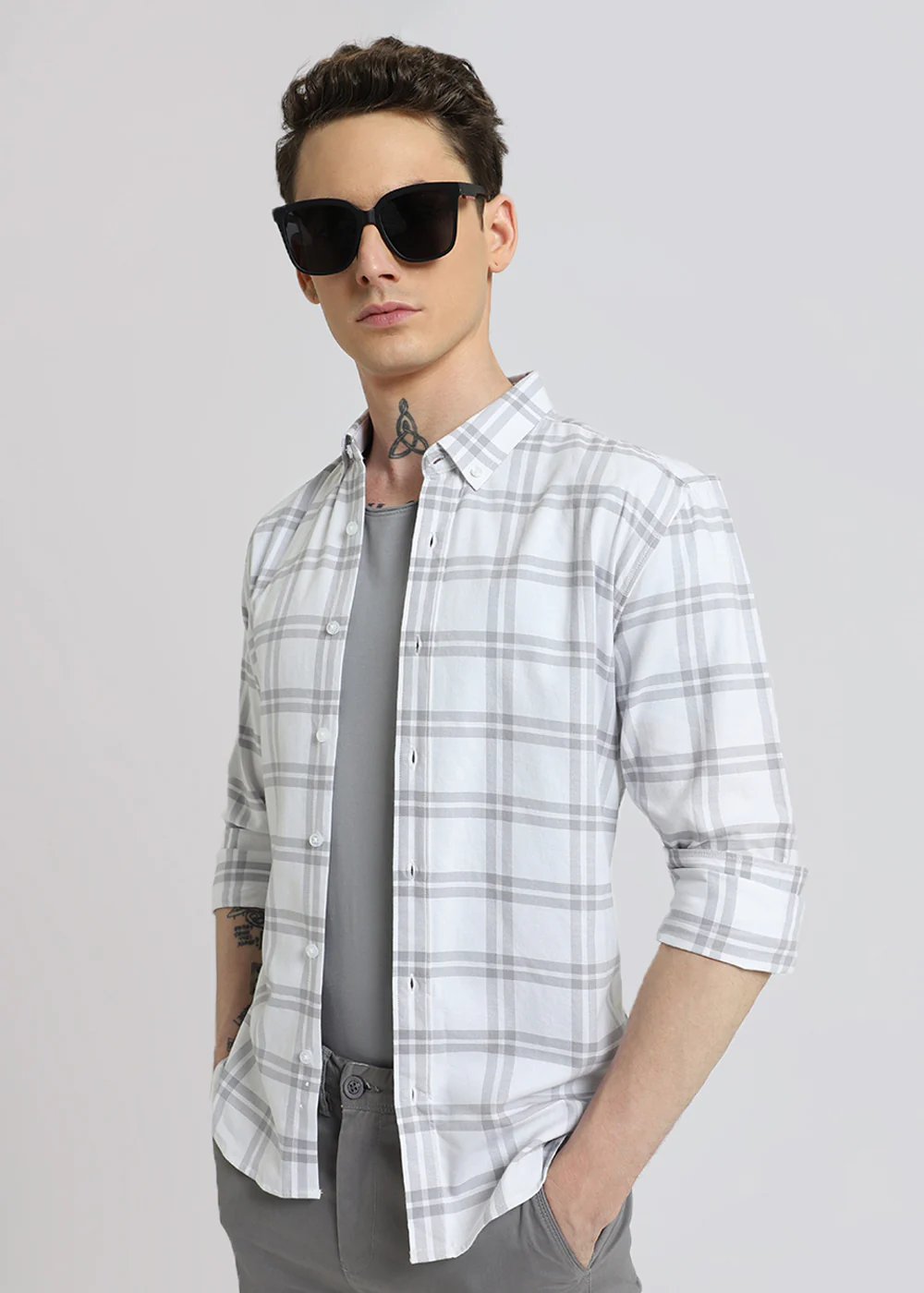 Pastel Grey Oxford Cotton Check Shirt - Image 5
