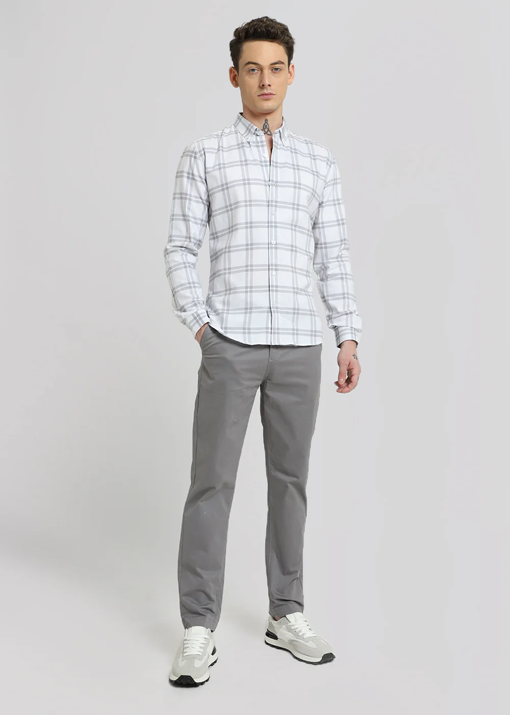 Pastel Grey Oxford Cotton Check Shirt - Image 6
