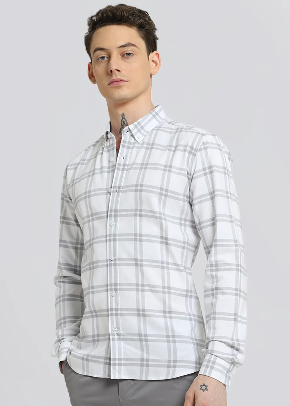 Pastel Grey Oxford Cotton Check Shirt - Image 7
