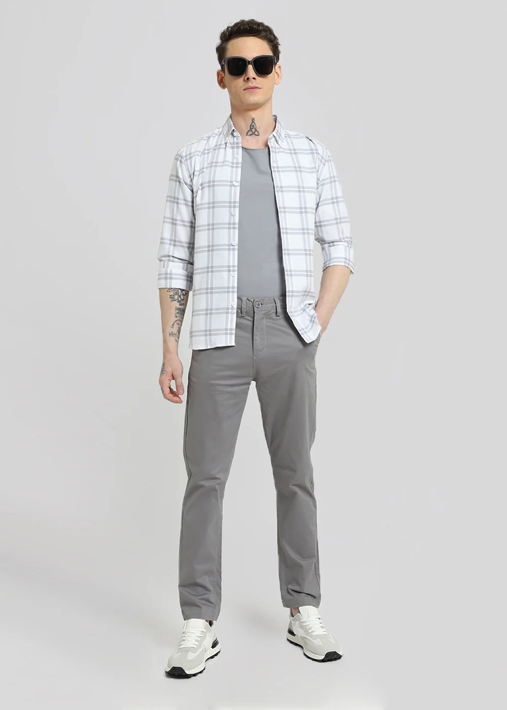 Pastel Grey Oxford Cotton Check Shirt - Image 8