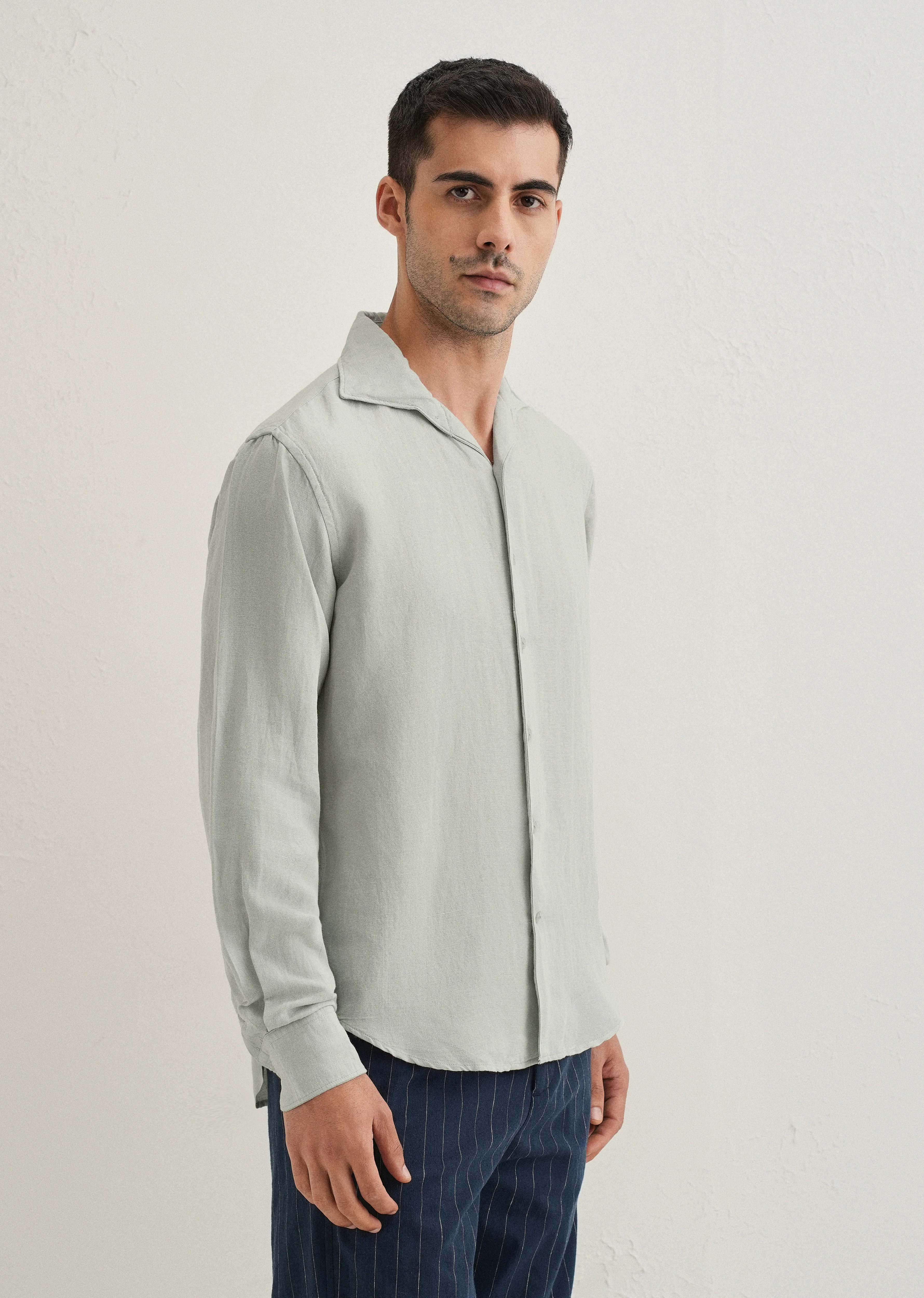 Pastel Grey Plain Linen Viscose Shirt - Image 5