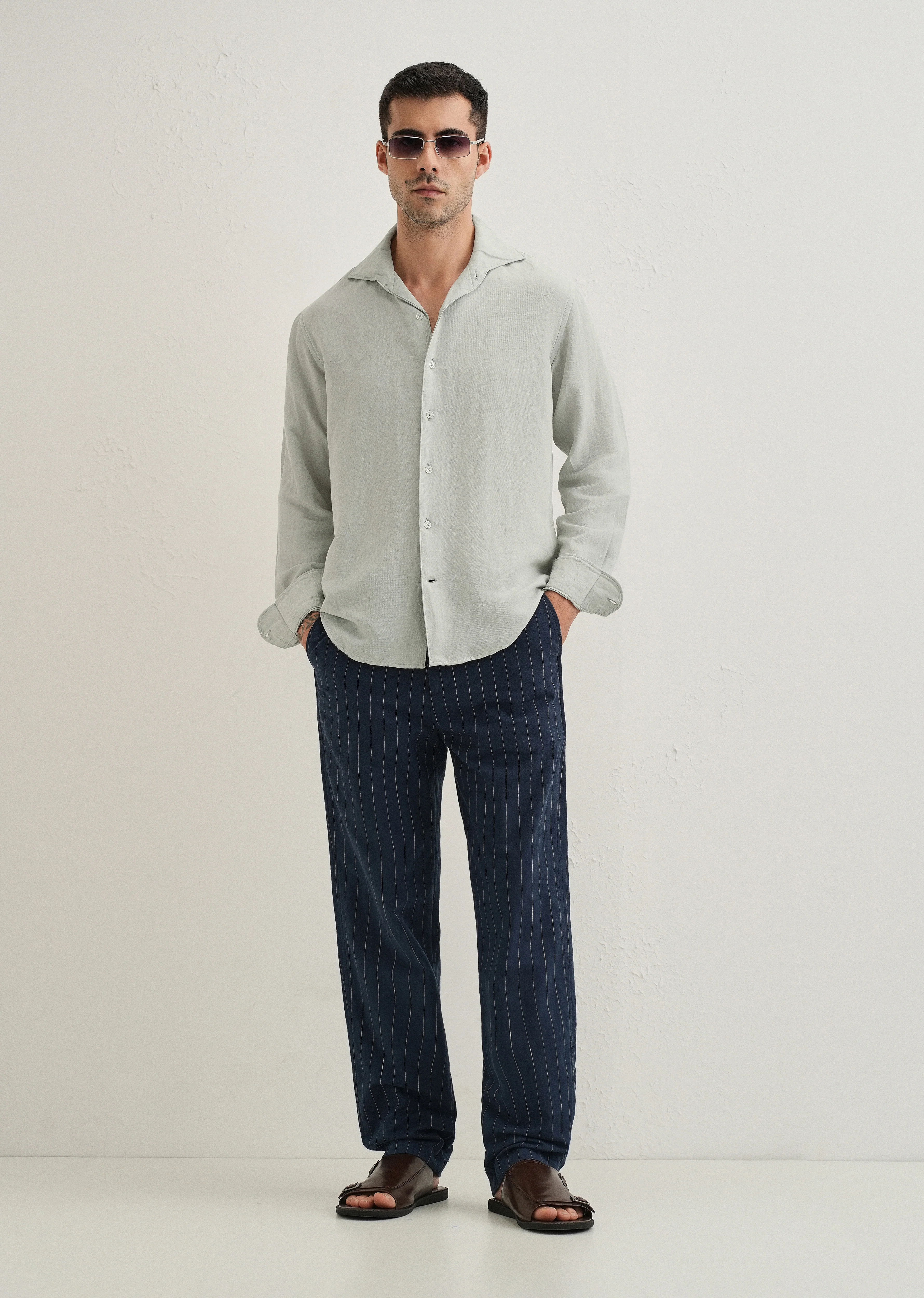 Pastel Grey Plain Linen Viscose Shirt - Image 6