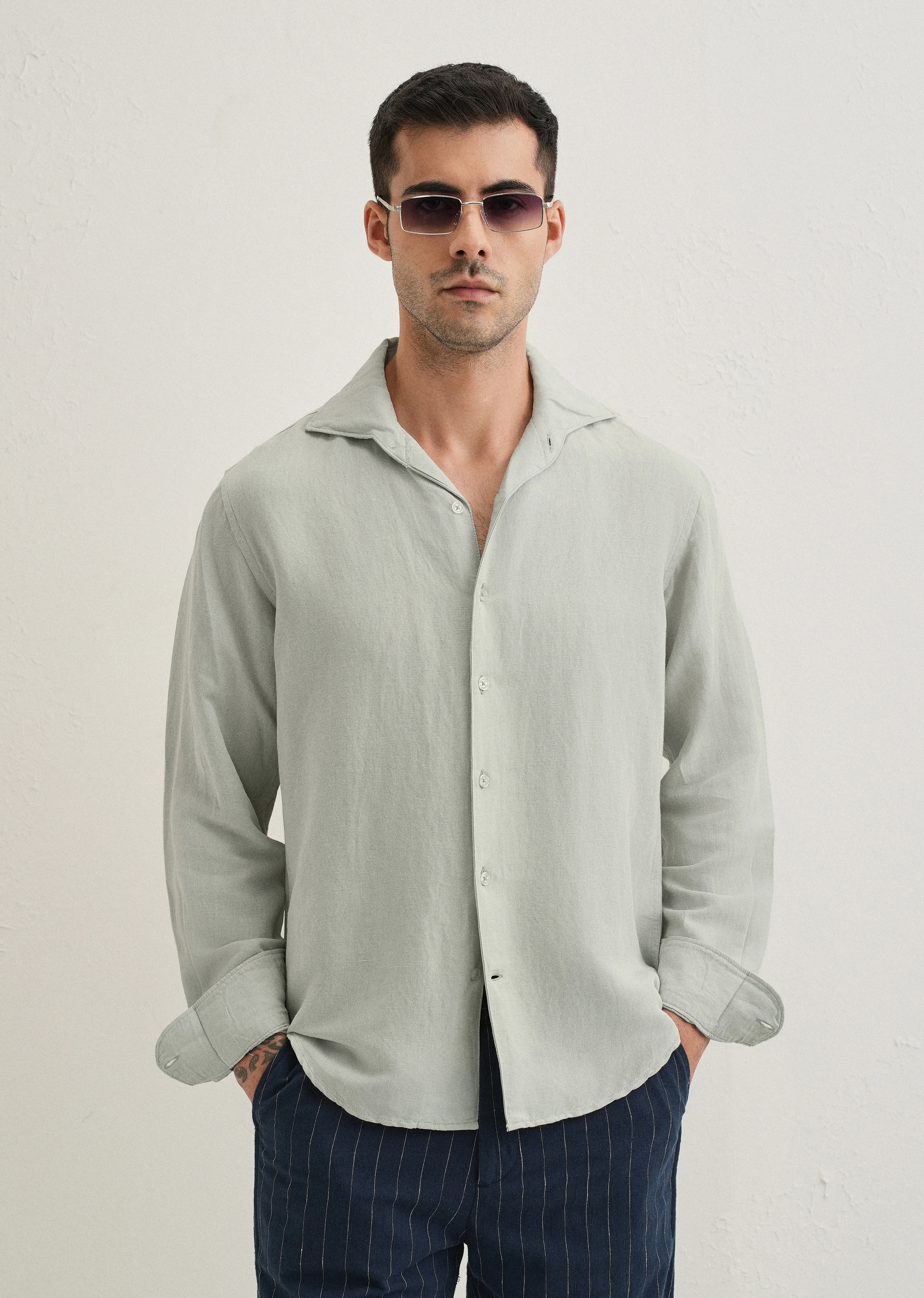 Pastel Grey Plain Linen Viscose Shirt - Image 7