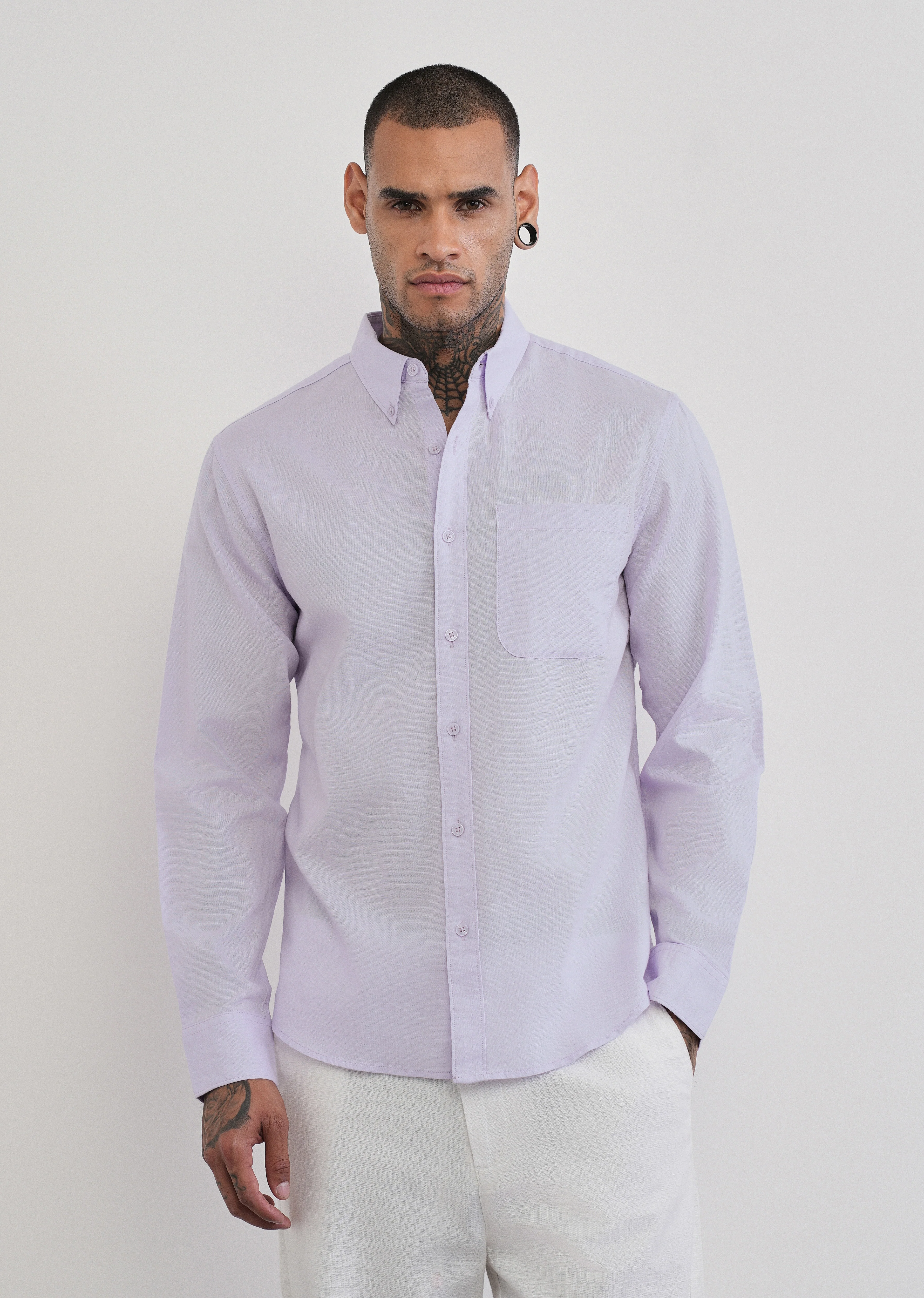 Pastel Lavender Cotton Linen Plain Shirt - Image 3