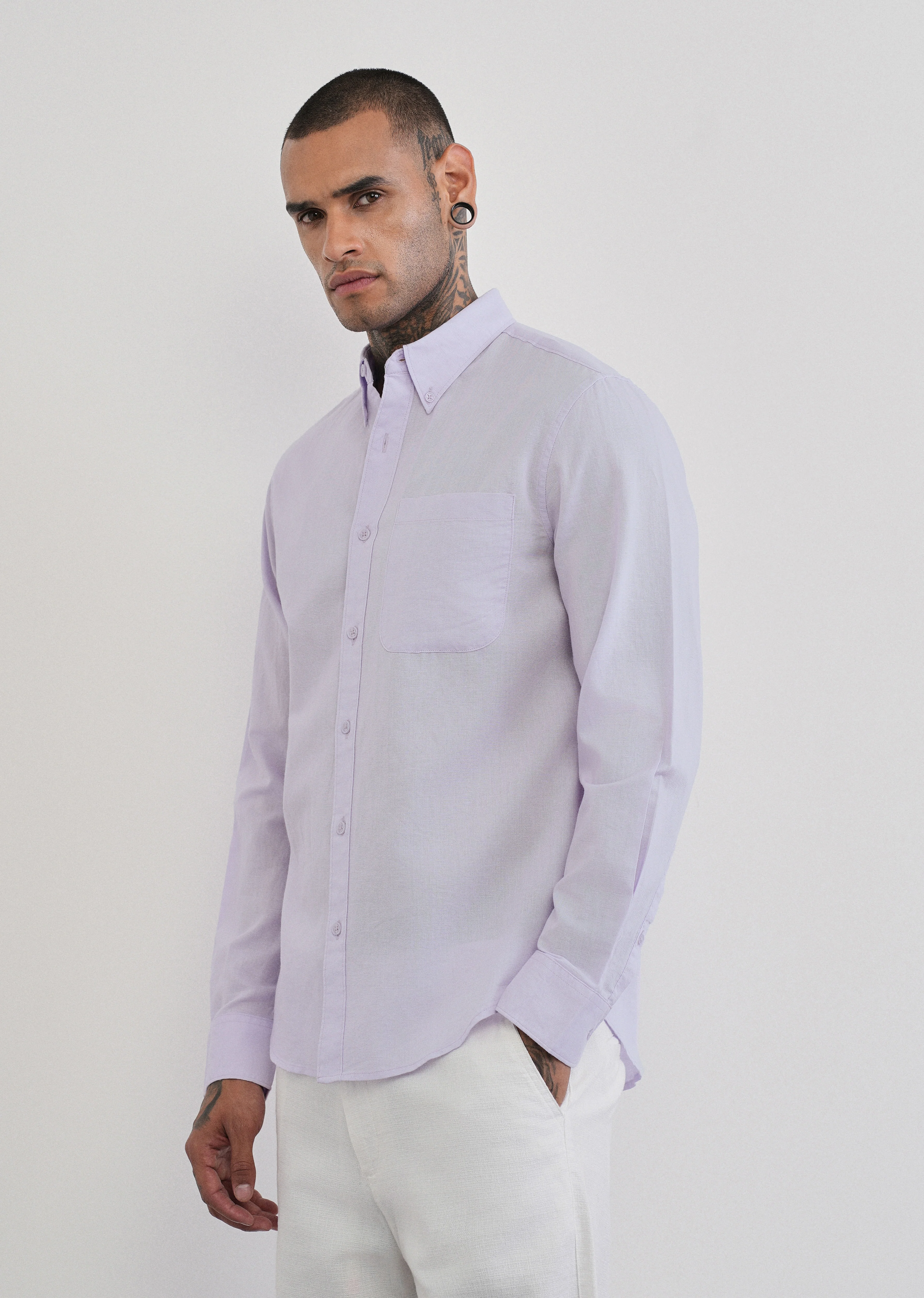 Pastel Lavender Cotton Linen Plain Shirt - Image 4