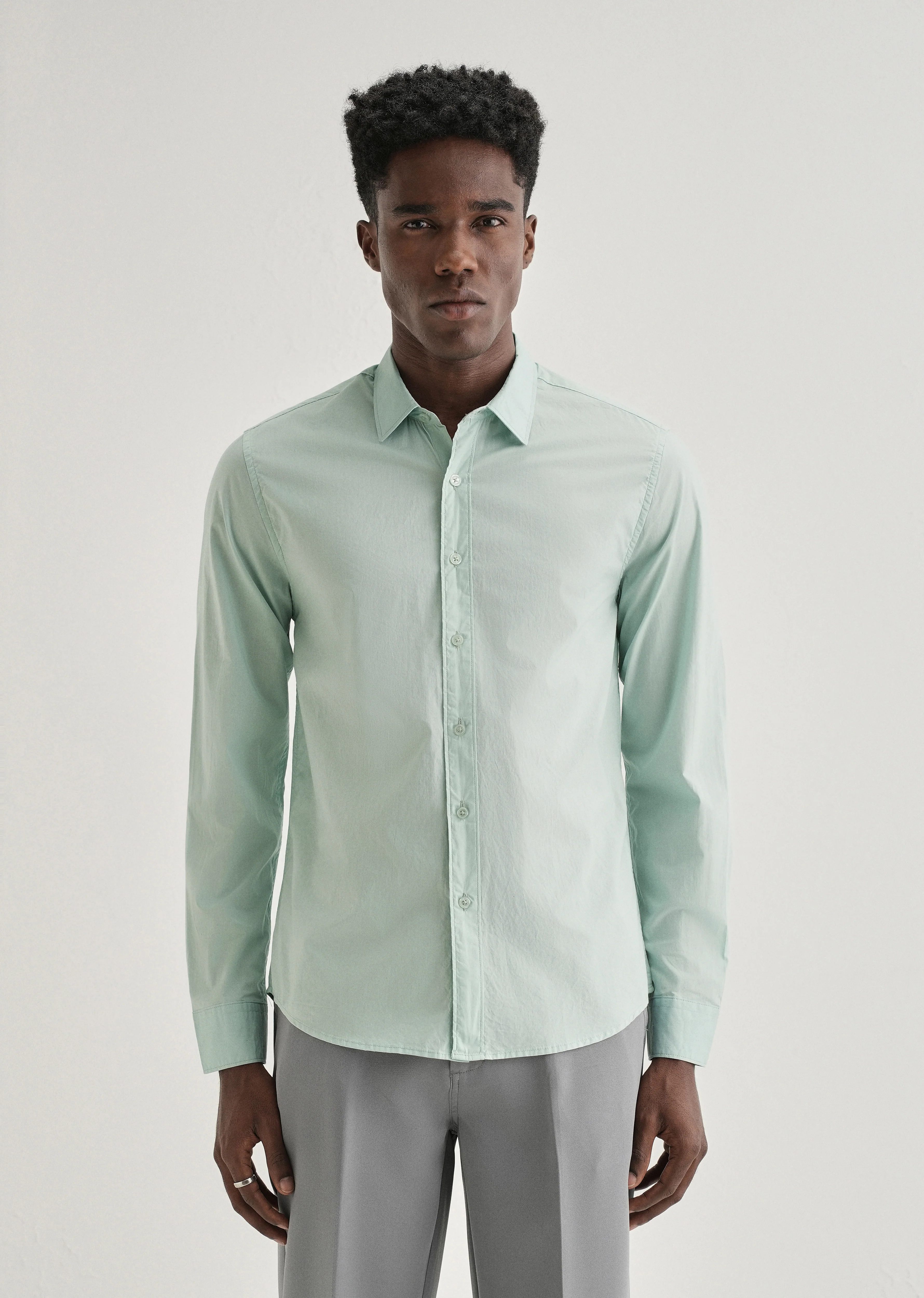 Pastel Mint Green Plain Cotton Shirt - Image 3