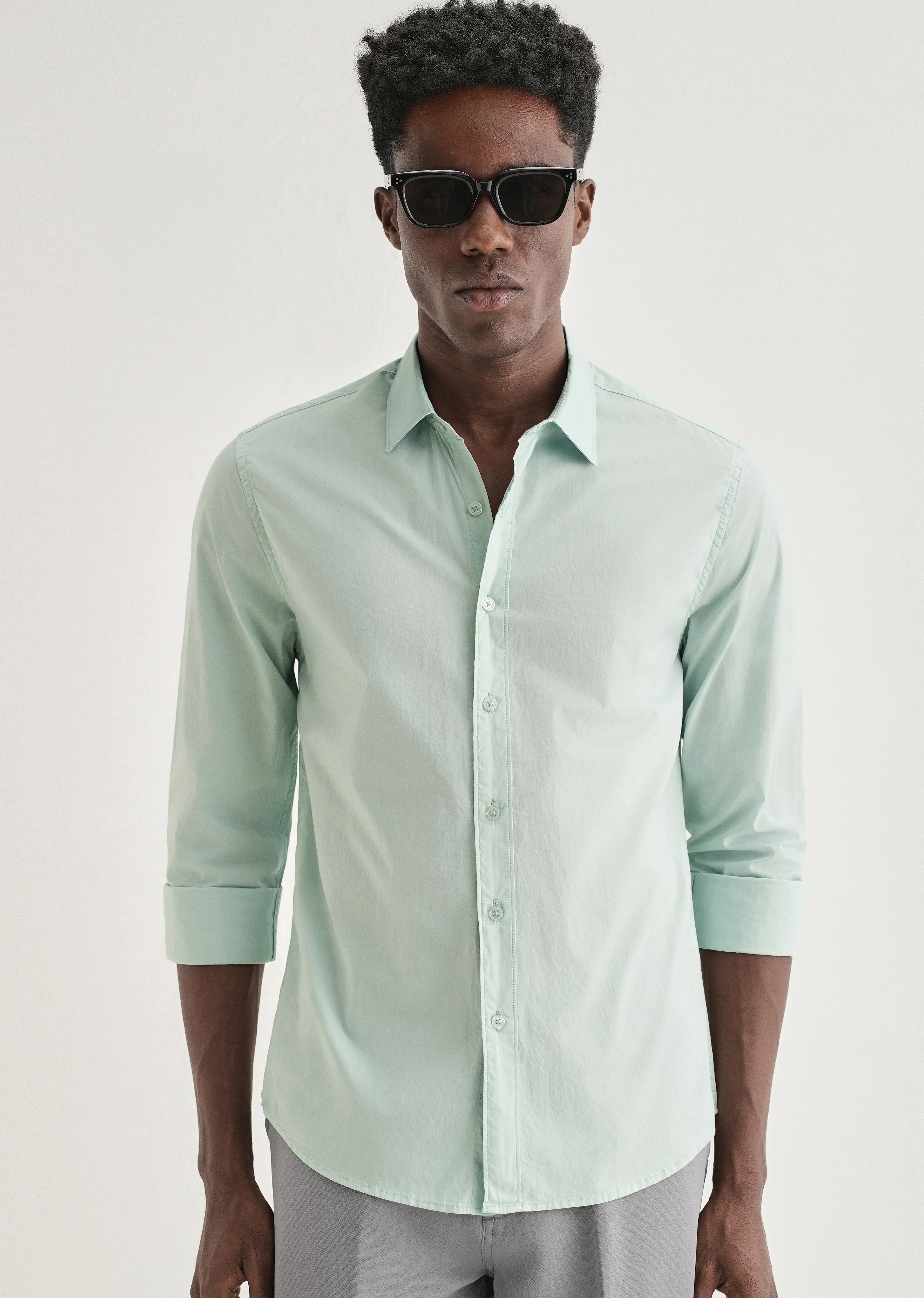 Pastel Mint Green Plain Cotton Shirt - Image 7
