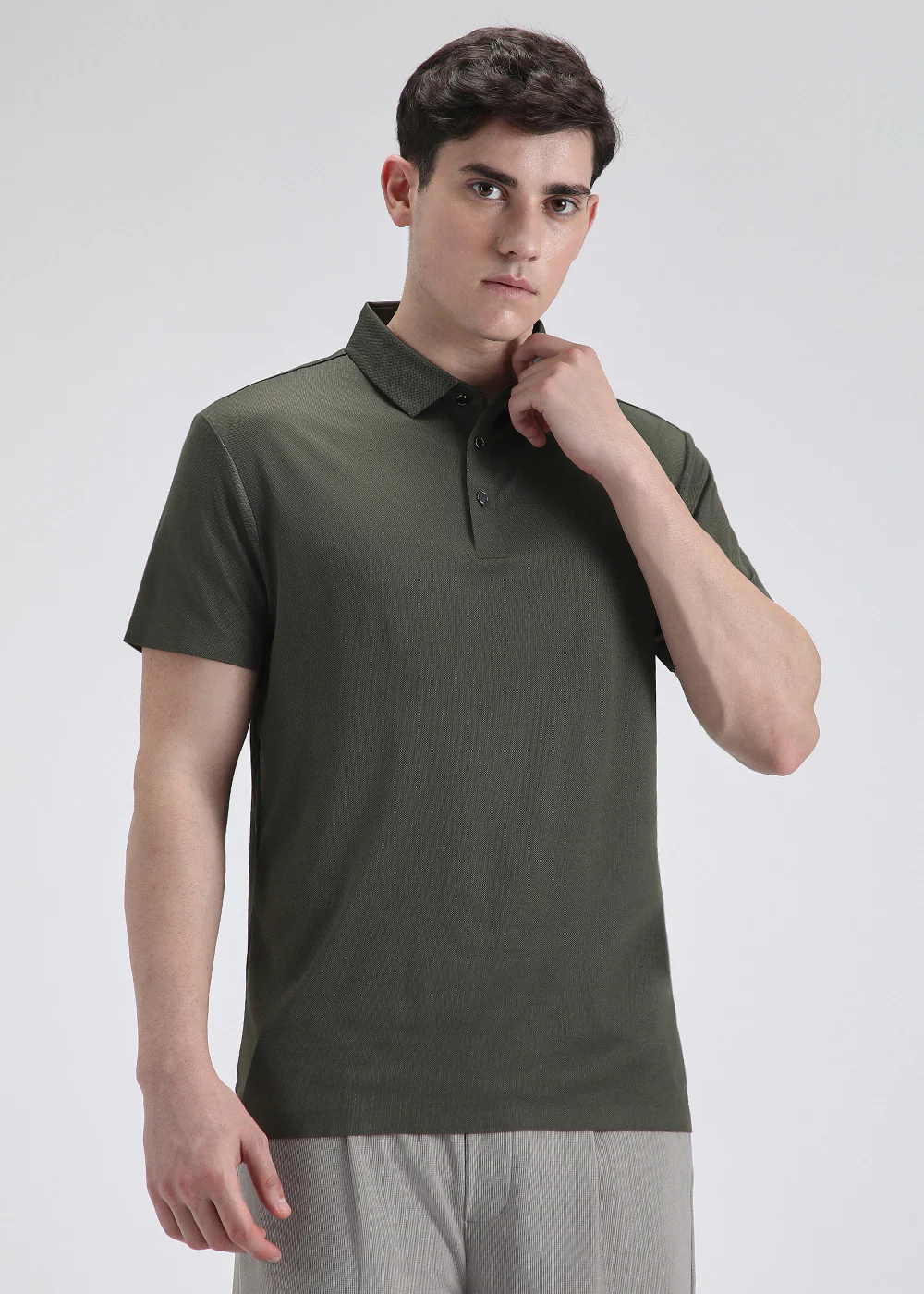 Patterned Olive Green Plain Stitchless Polo T-shirt - Image 3