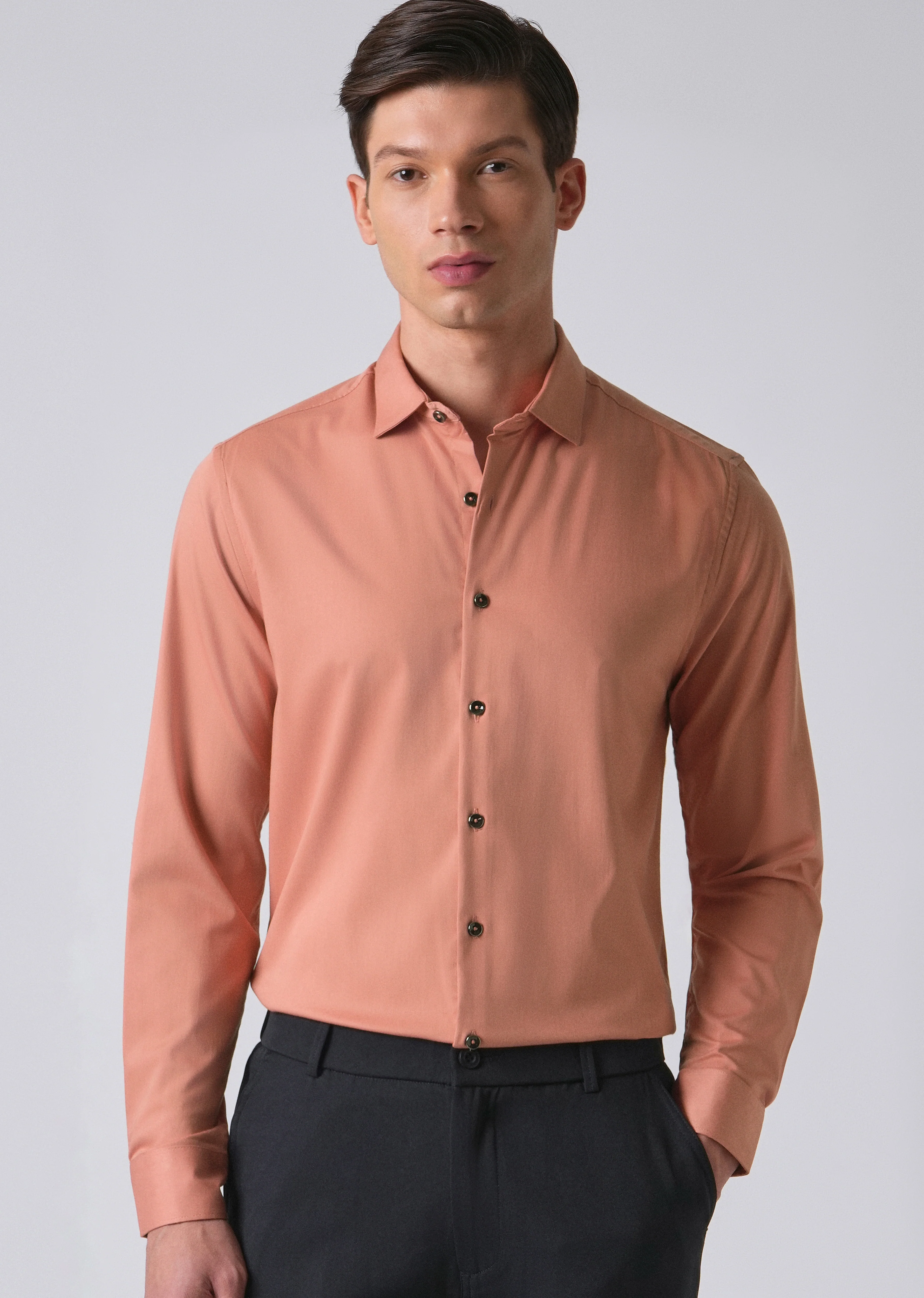 Peach Cotton Stretch Plain Shirt - Image 7
