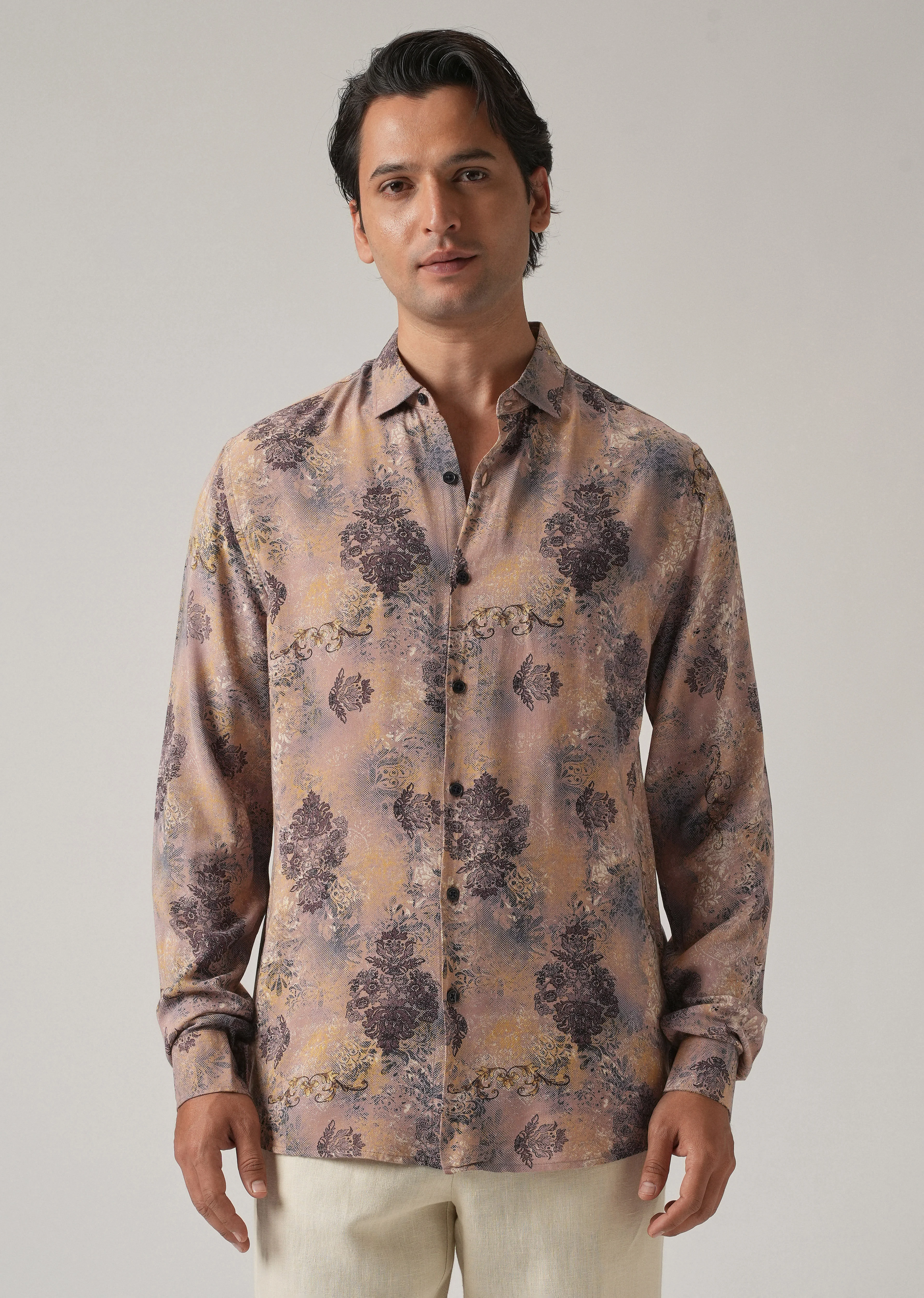 Peach Floral Print Feather Shirt - Image 3