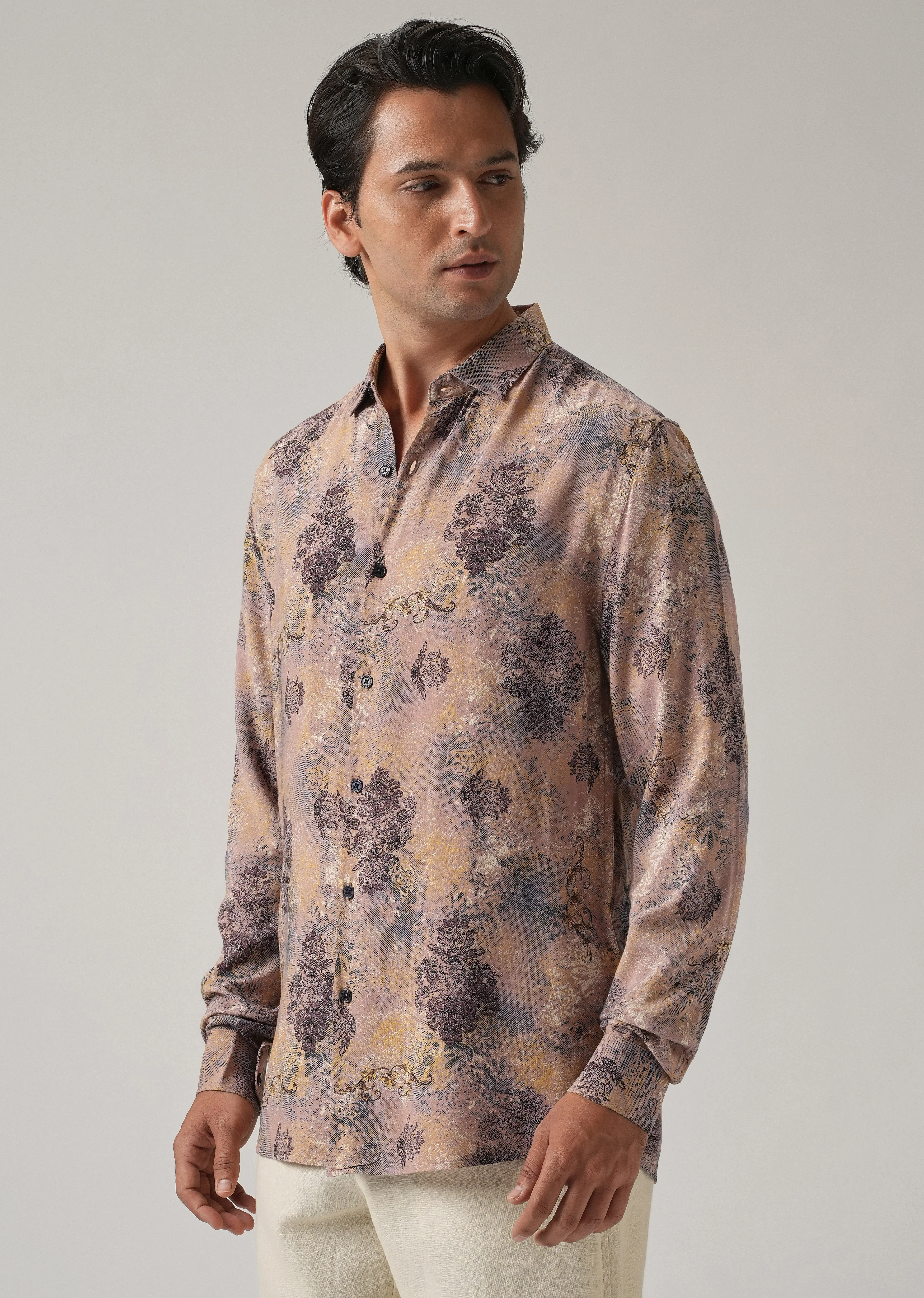Peach Floral Print Feather Shirt - Image 4