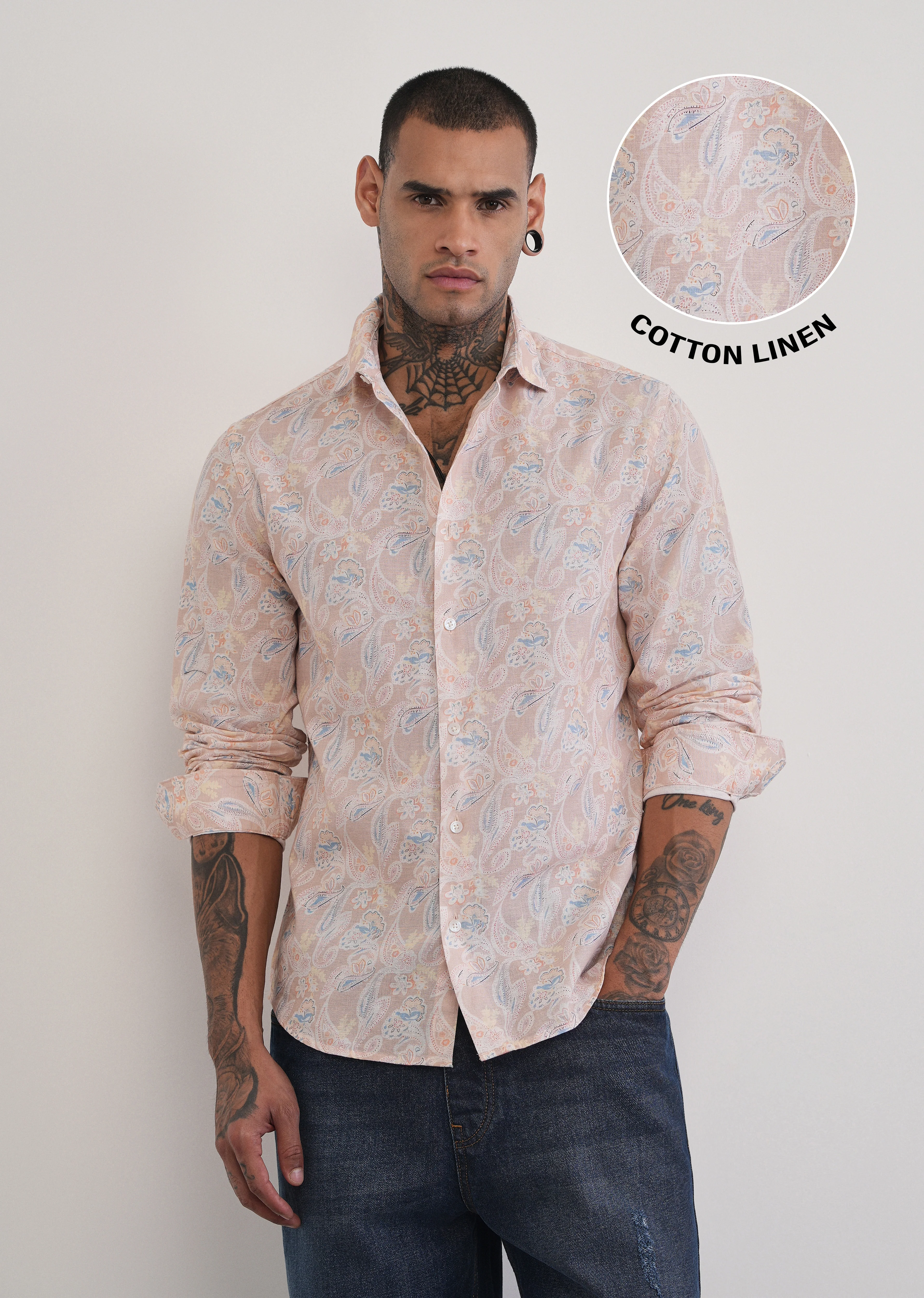 Peach Paisley Print Cotton Linen Shirt - Image 2