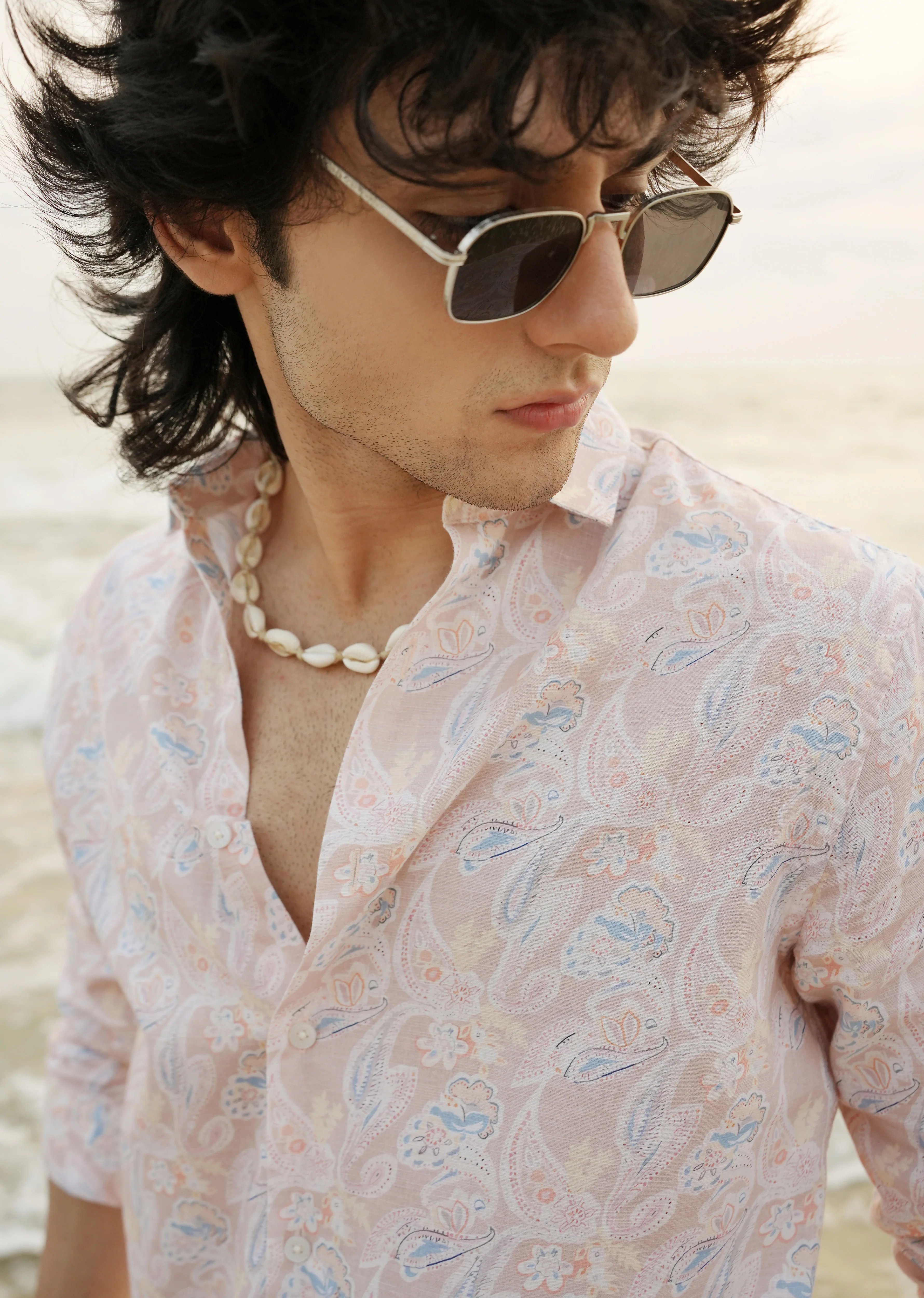 Peach Paisley Print Cotton Linen Shirt - Image 4