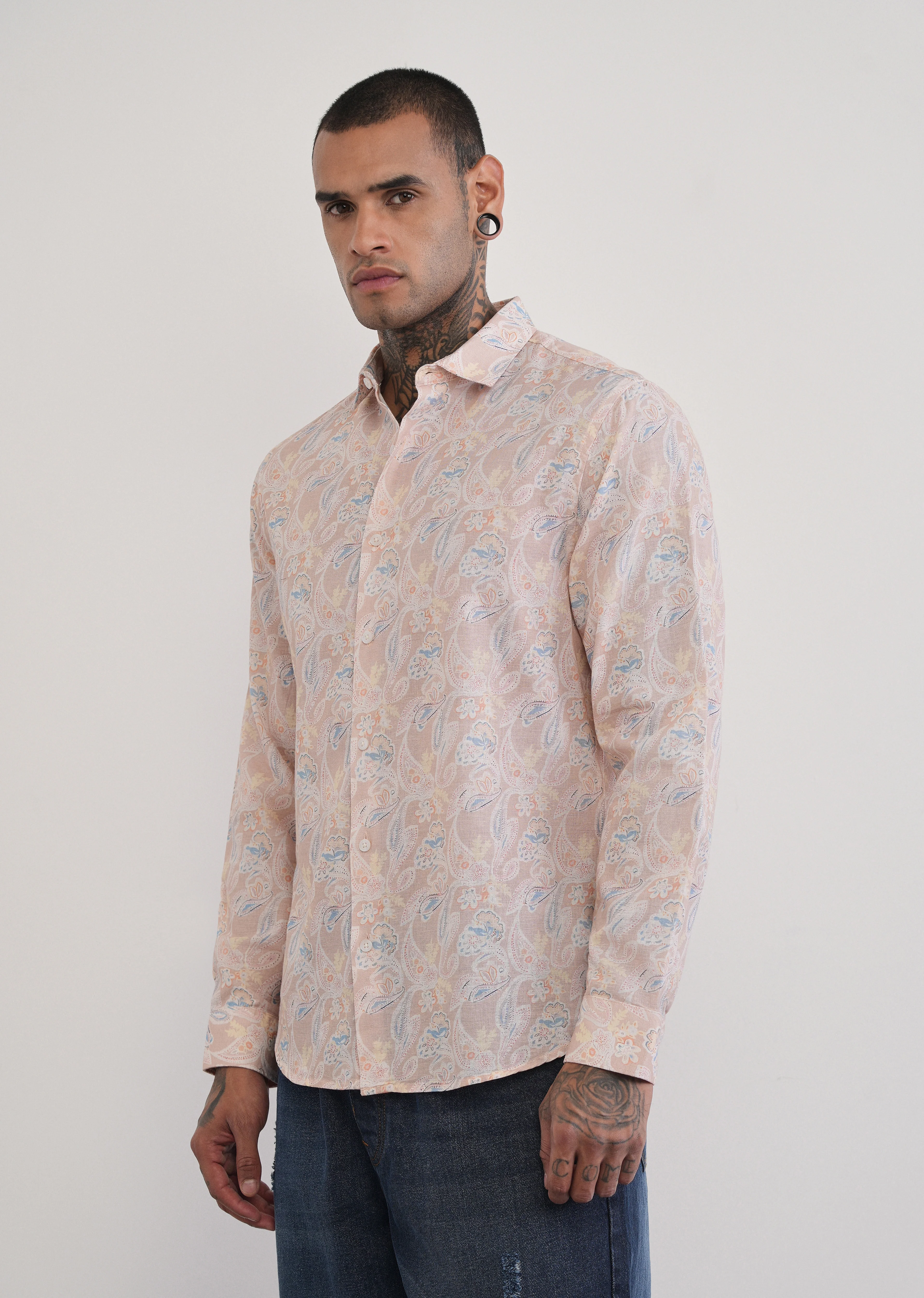 Peach Paisley Print Cotton Linen Shirt - Image 6