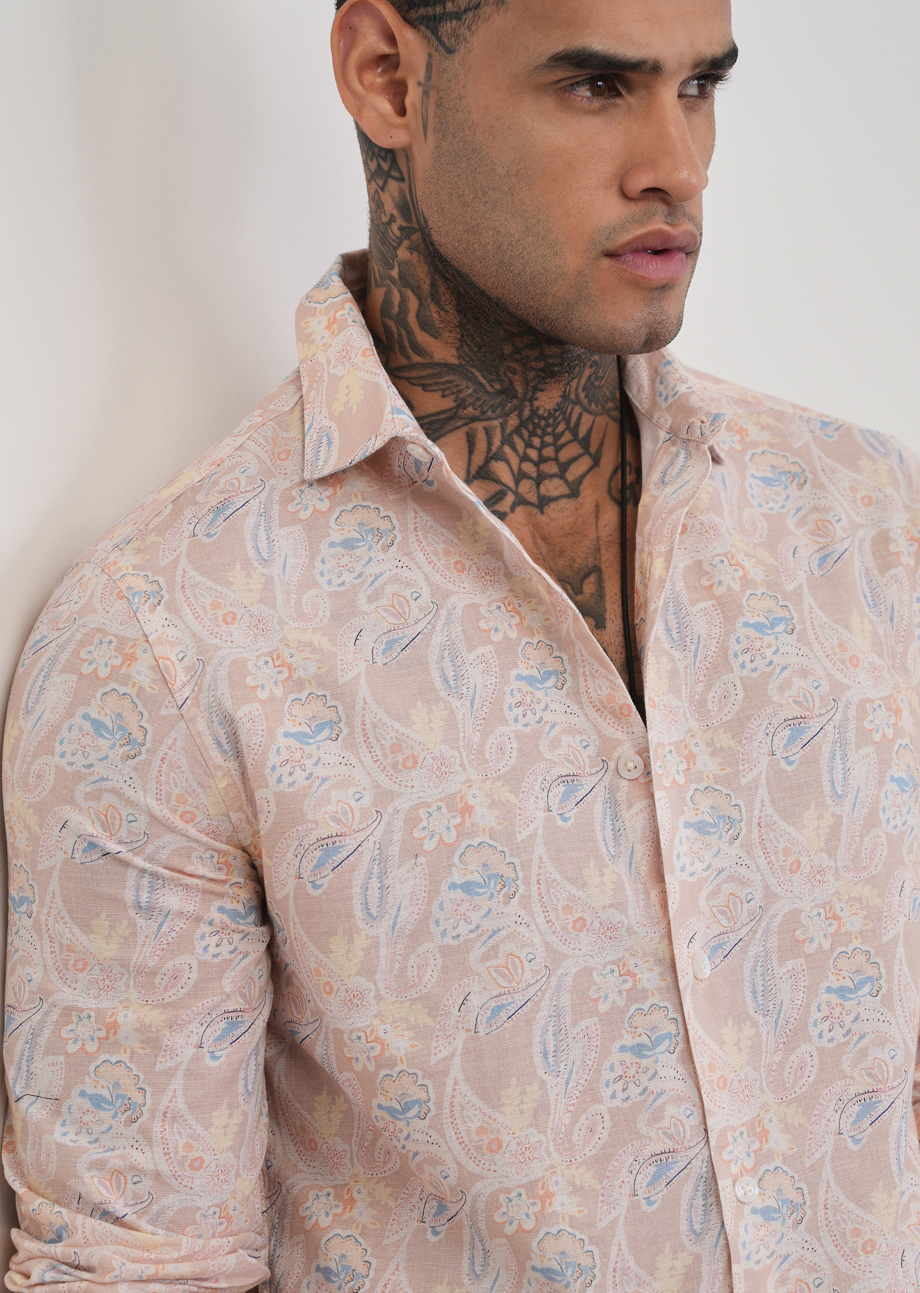 Peach Paisley Print Cotton Linen Shirt - Image 7