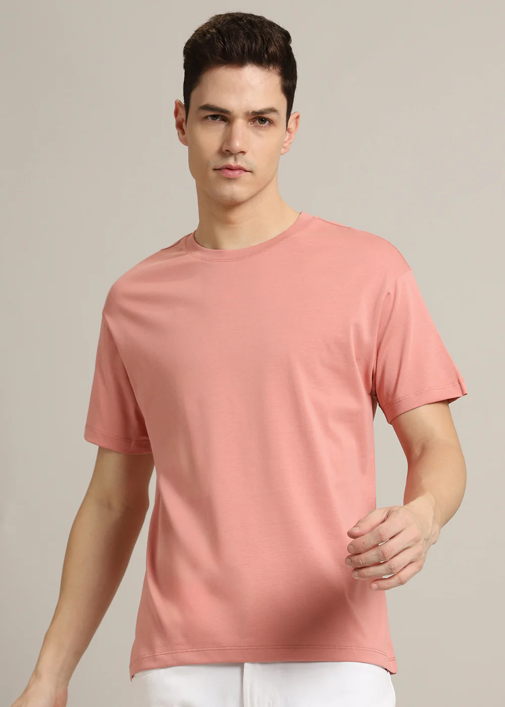Peach Plain Regular Fit T-shirt - Image 7