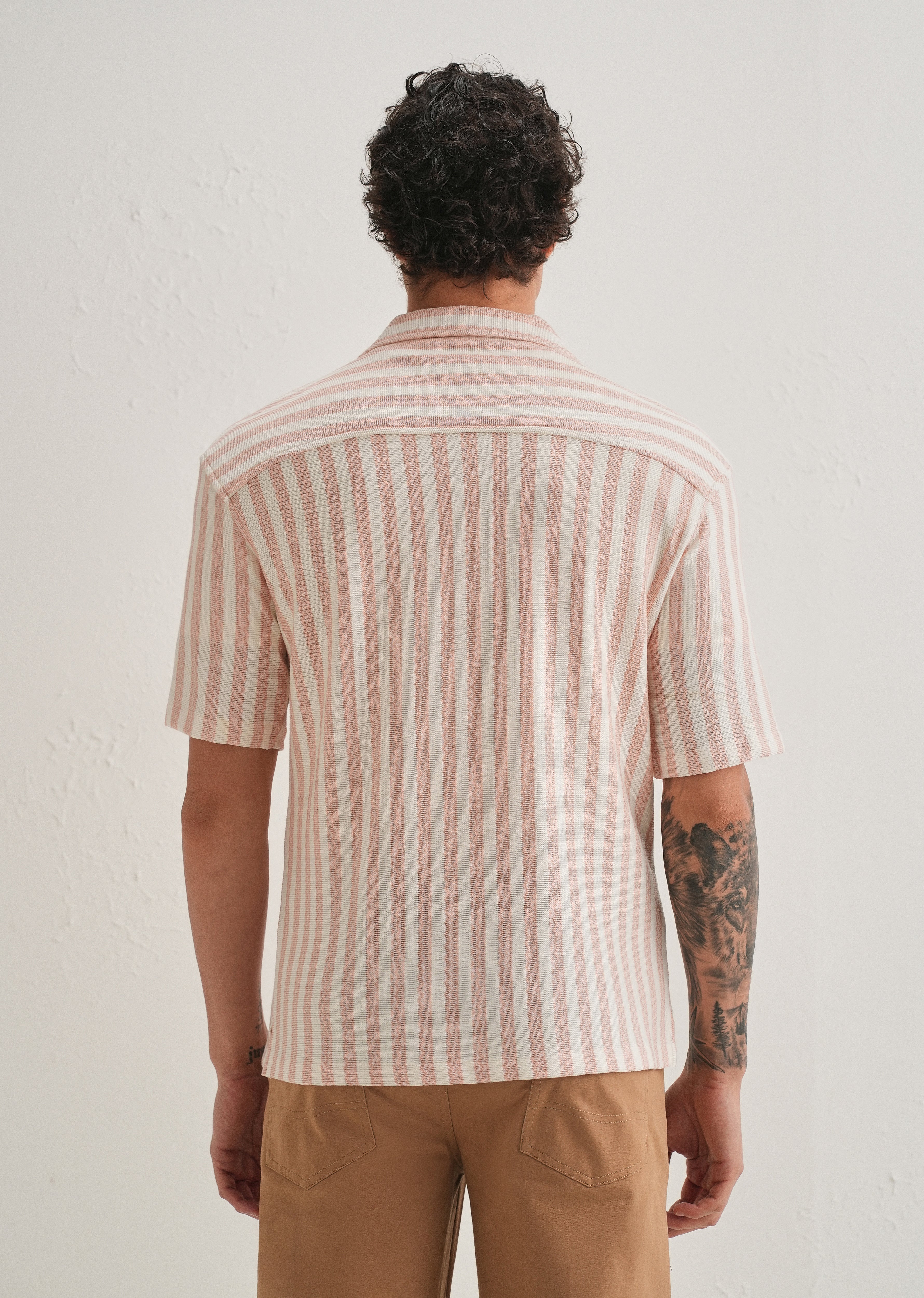 Peach Striped Knit Cuban Collar Shirt - Image 3
