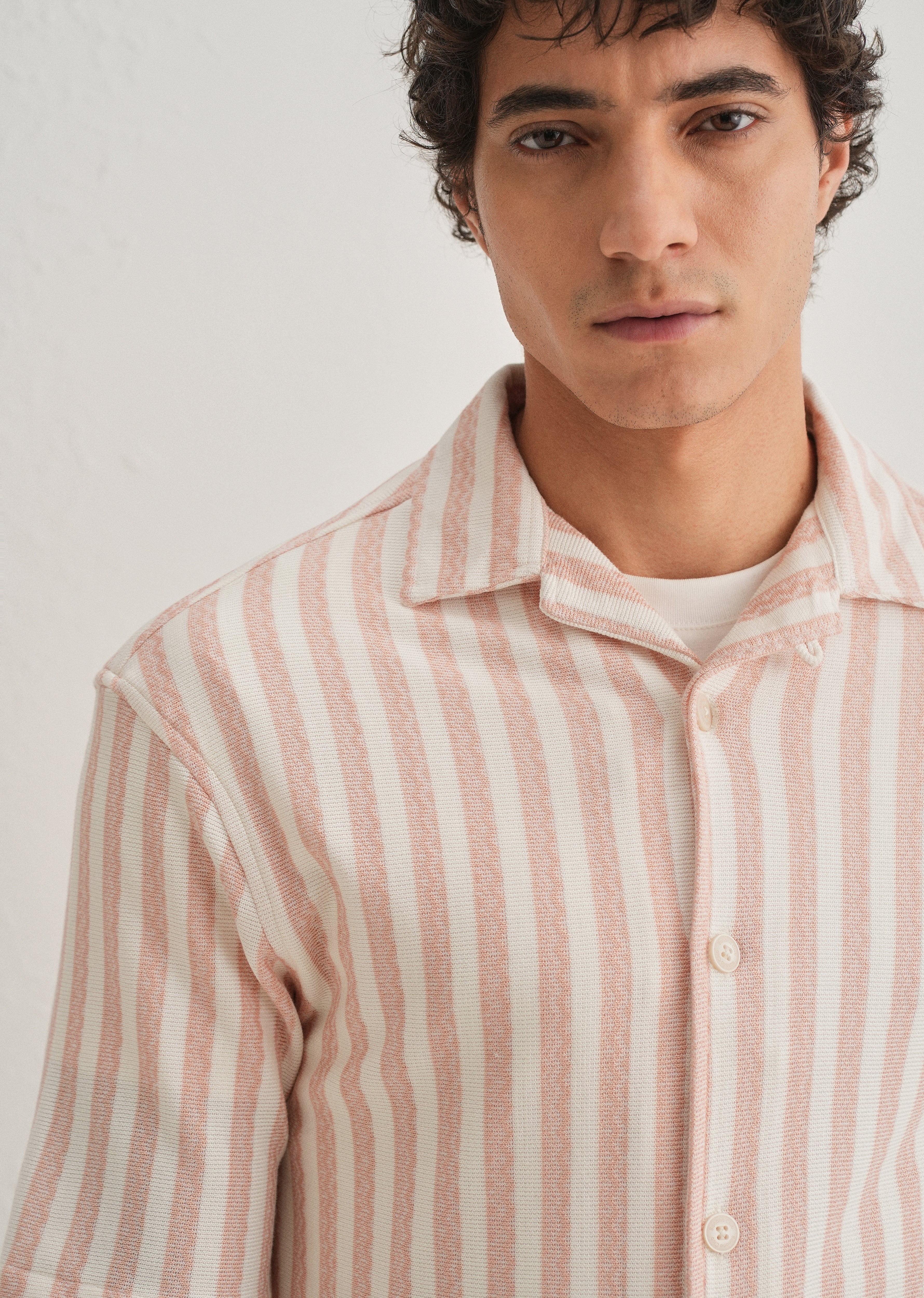 Peach Striped Knit Cuban Collar Shirt - Image 6