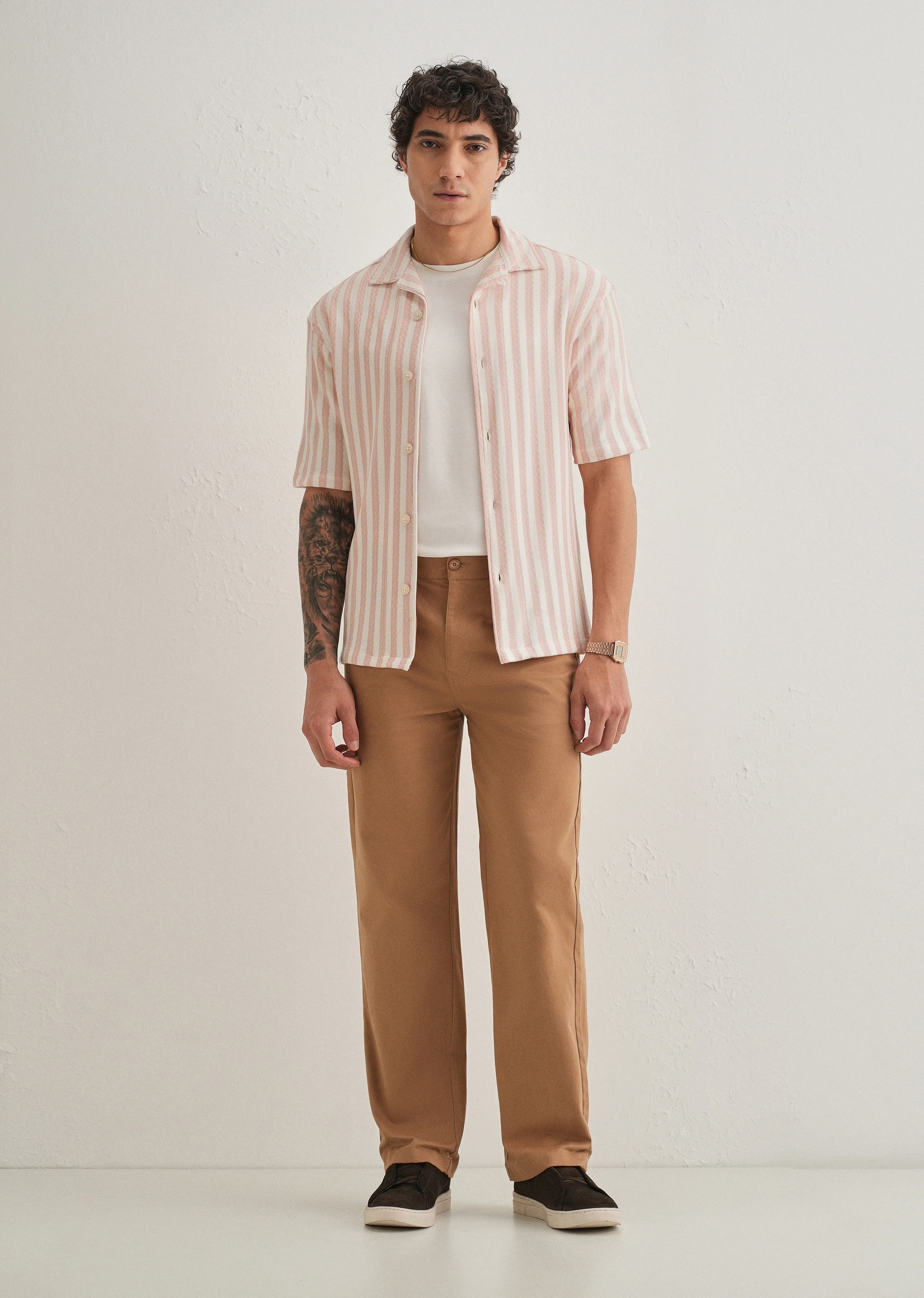 Peach Striped Knit Cuban Collar Shirt - Image 7