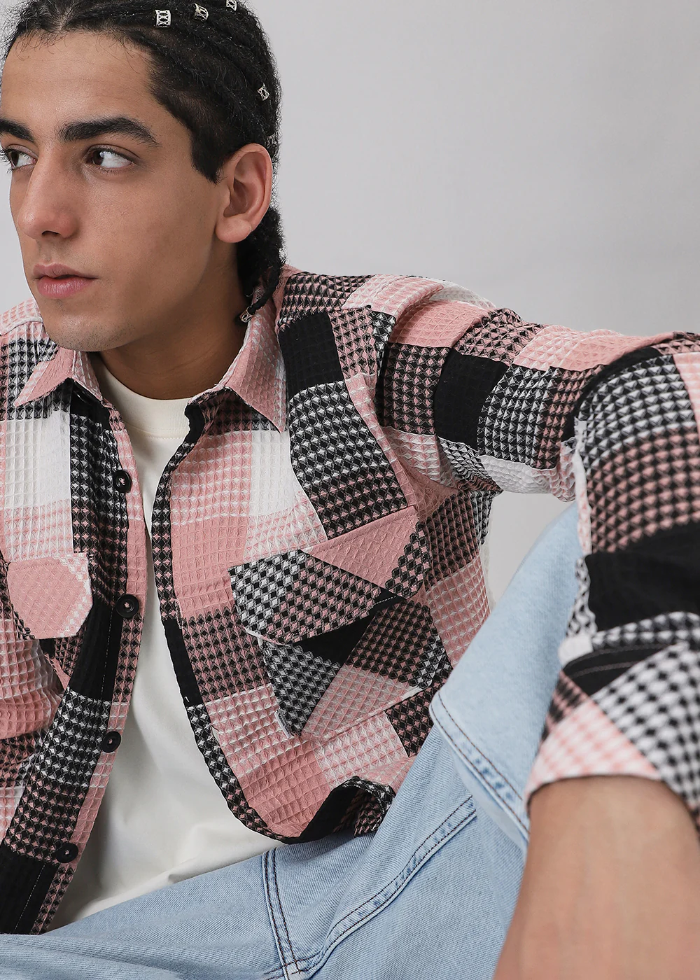 Peach Waffle Plaid Check Shirt - Image 2