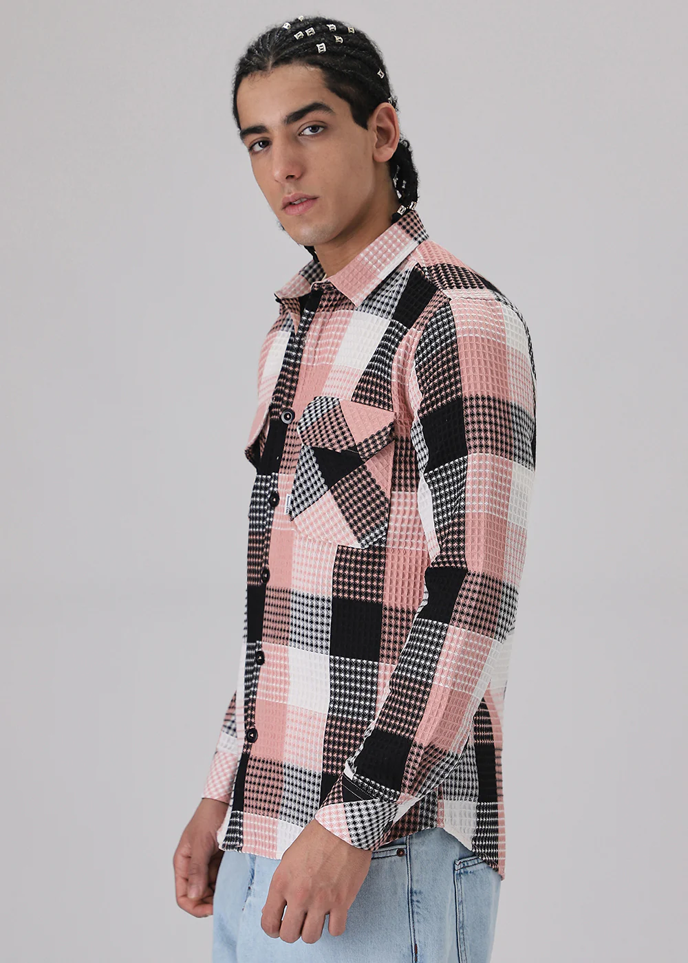 Peach Waffle Plaid Check Shirt - Image 6