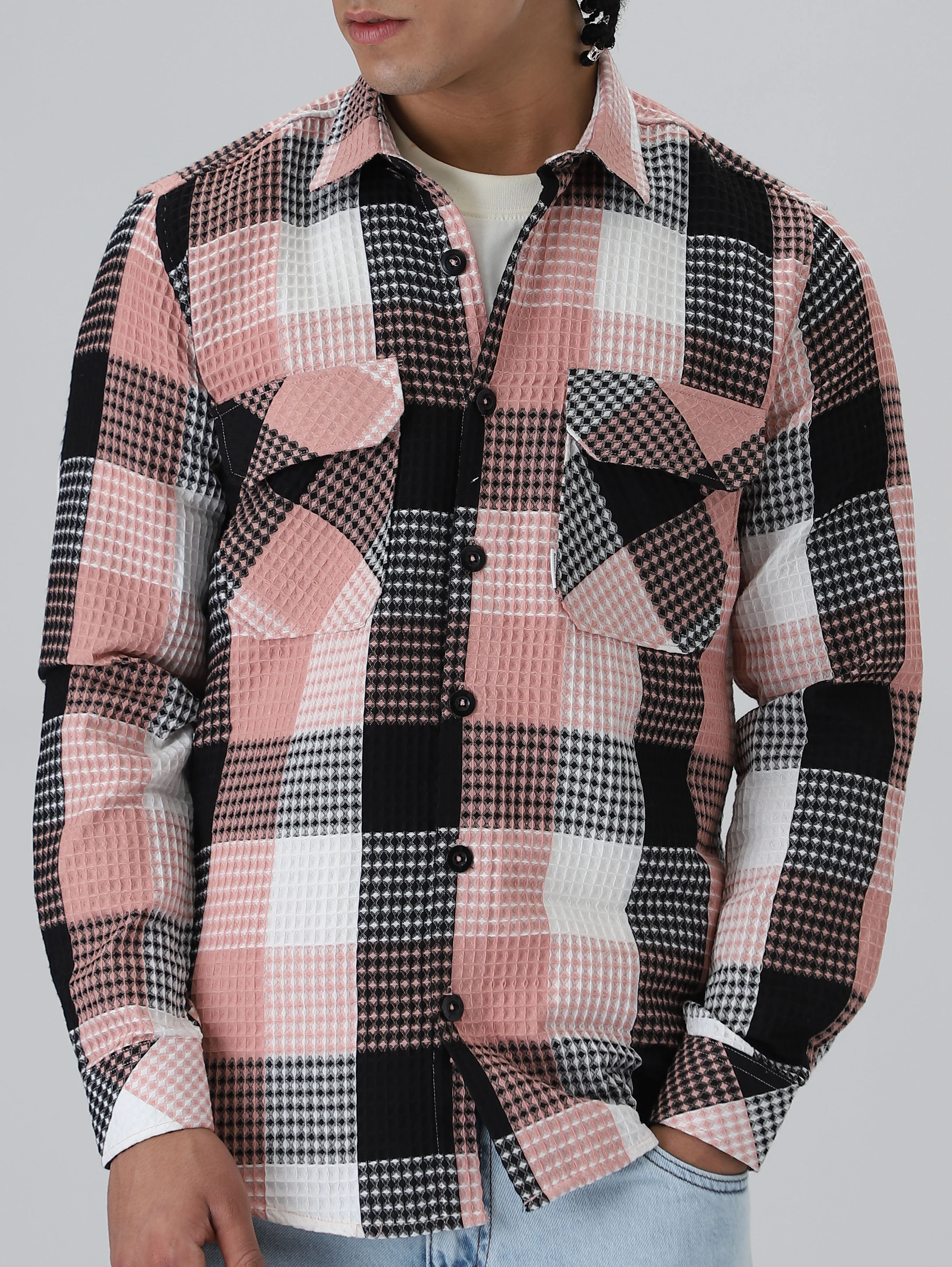 Peach Waffle Plaid Check Shirt - Image 8