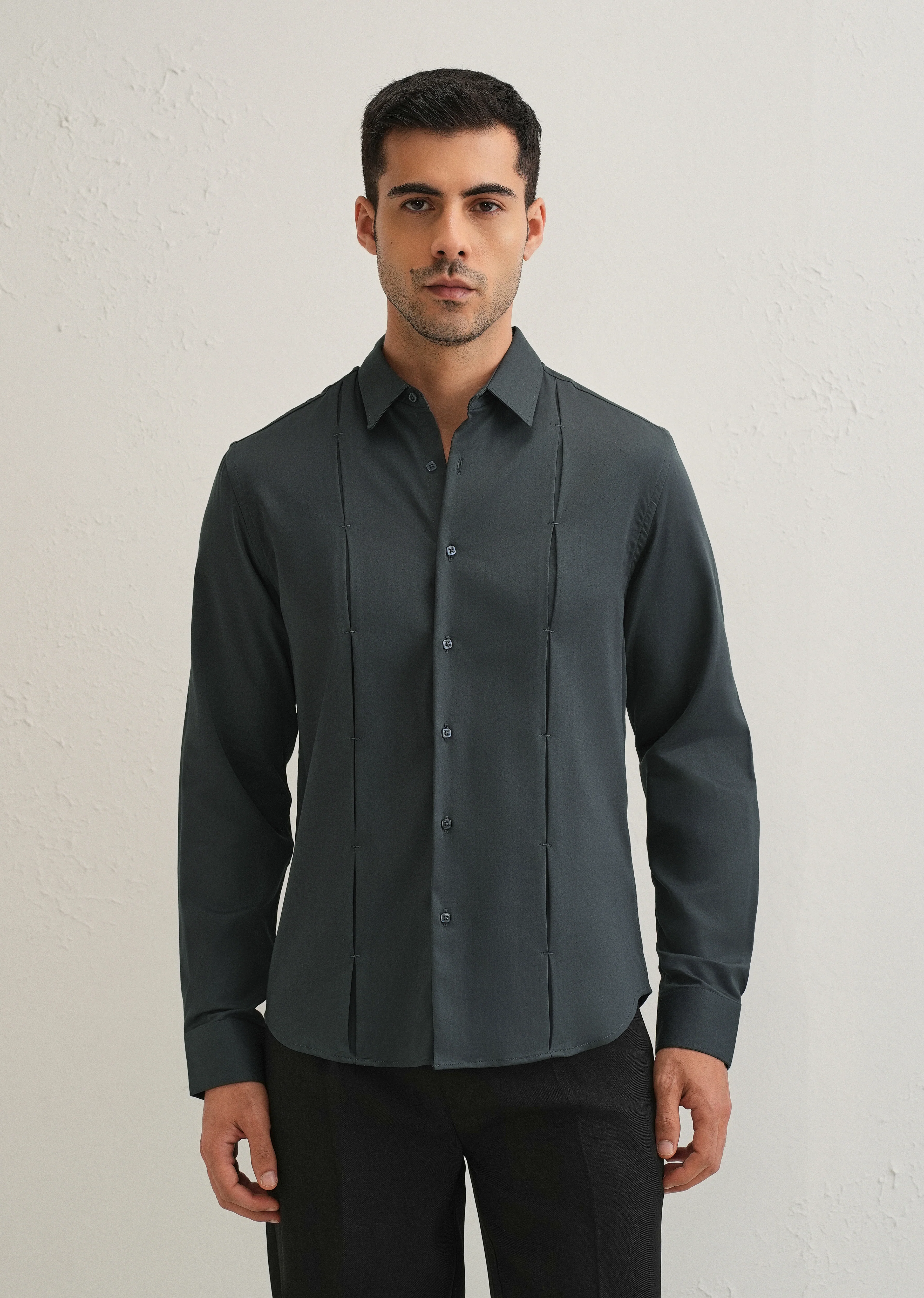 Pebble Grey Front Panel Open Pleat Shirt - Image 3