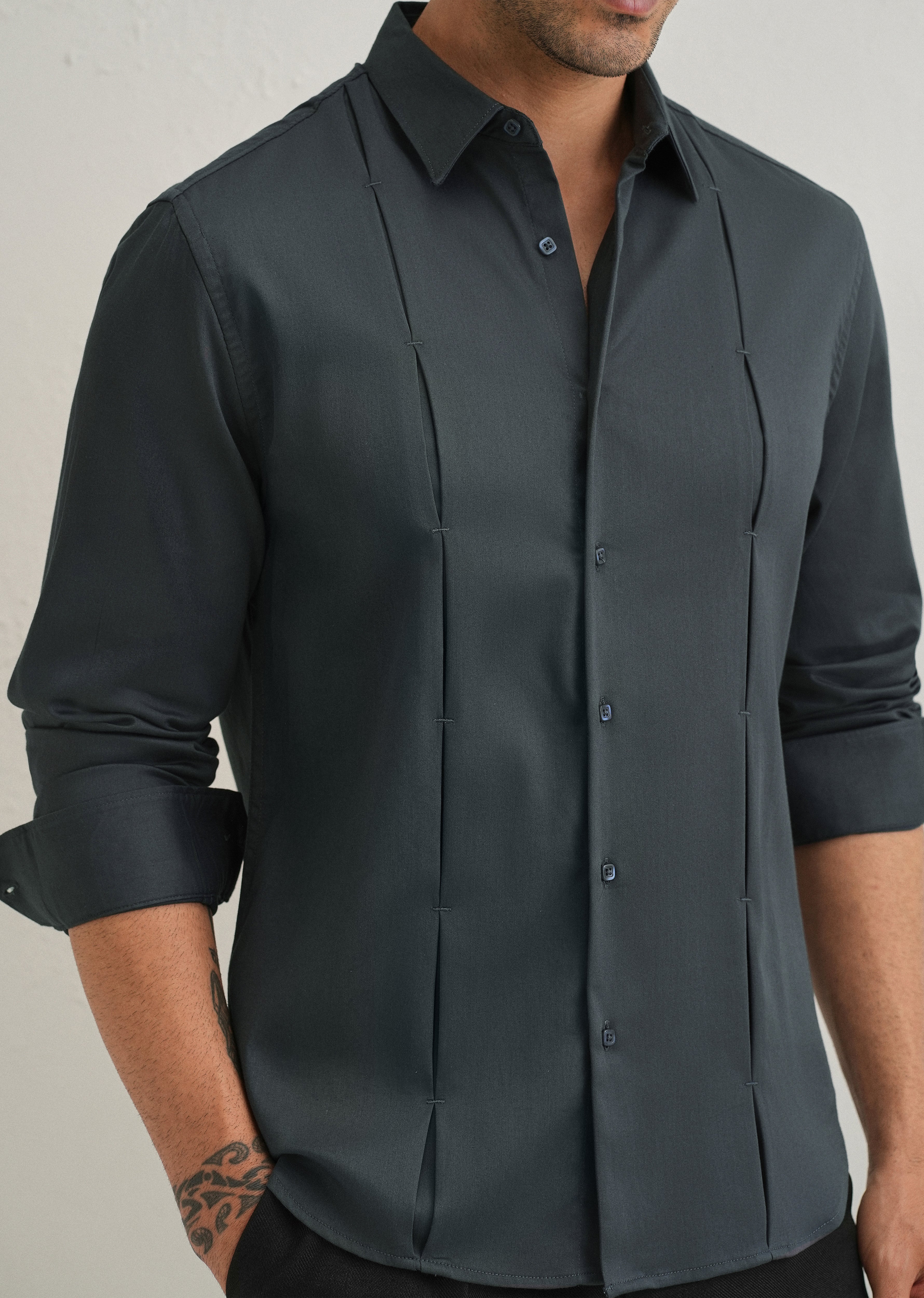 Pebble Grey Front Panel Open Pleat Shirt - Image 5
