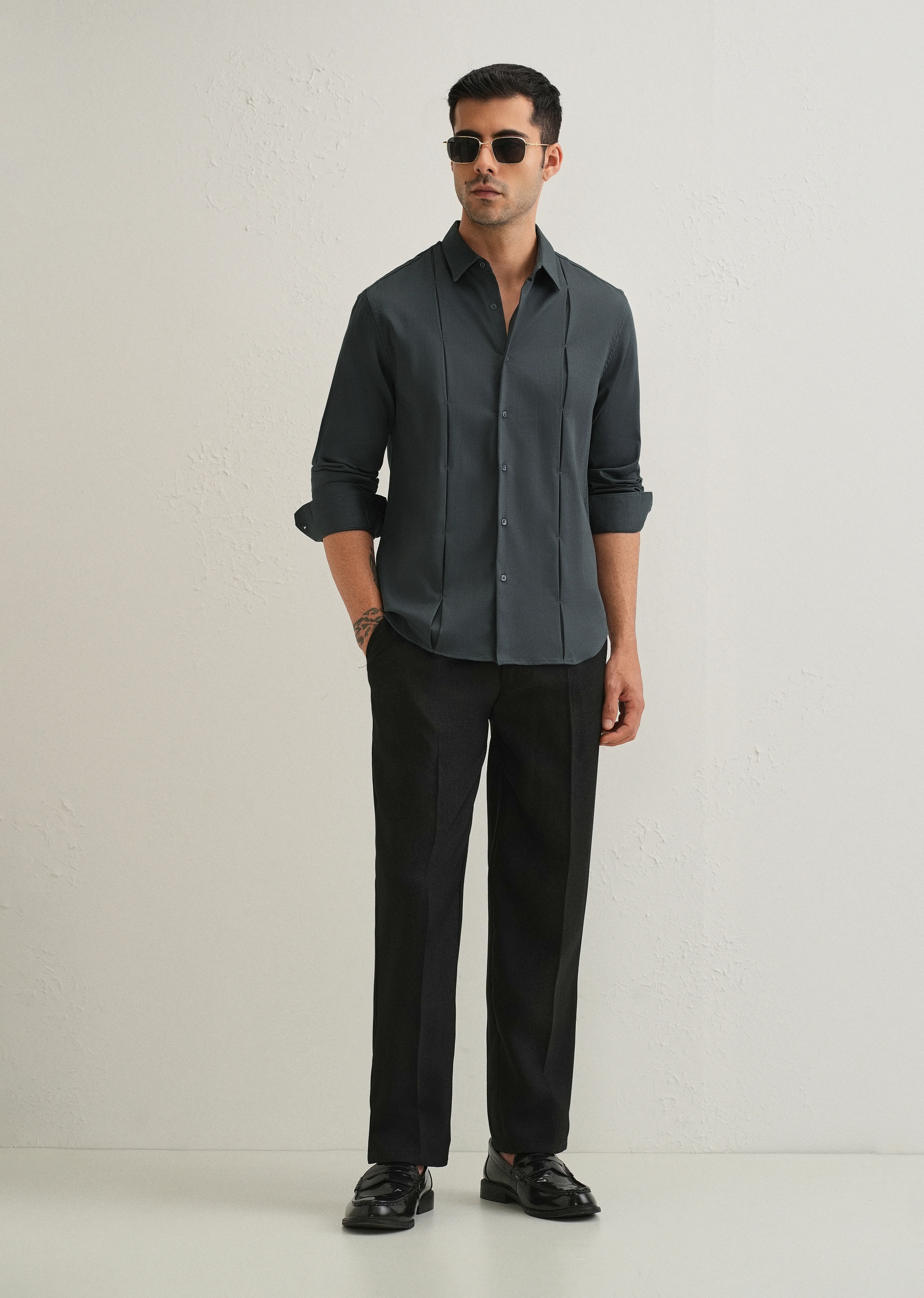 Pebble Grey Front Panel Open Pleat Shirt - Image 6