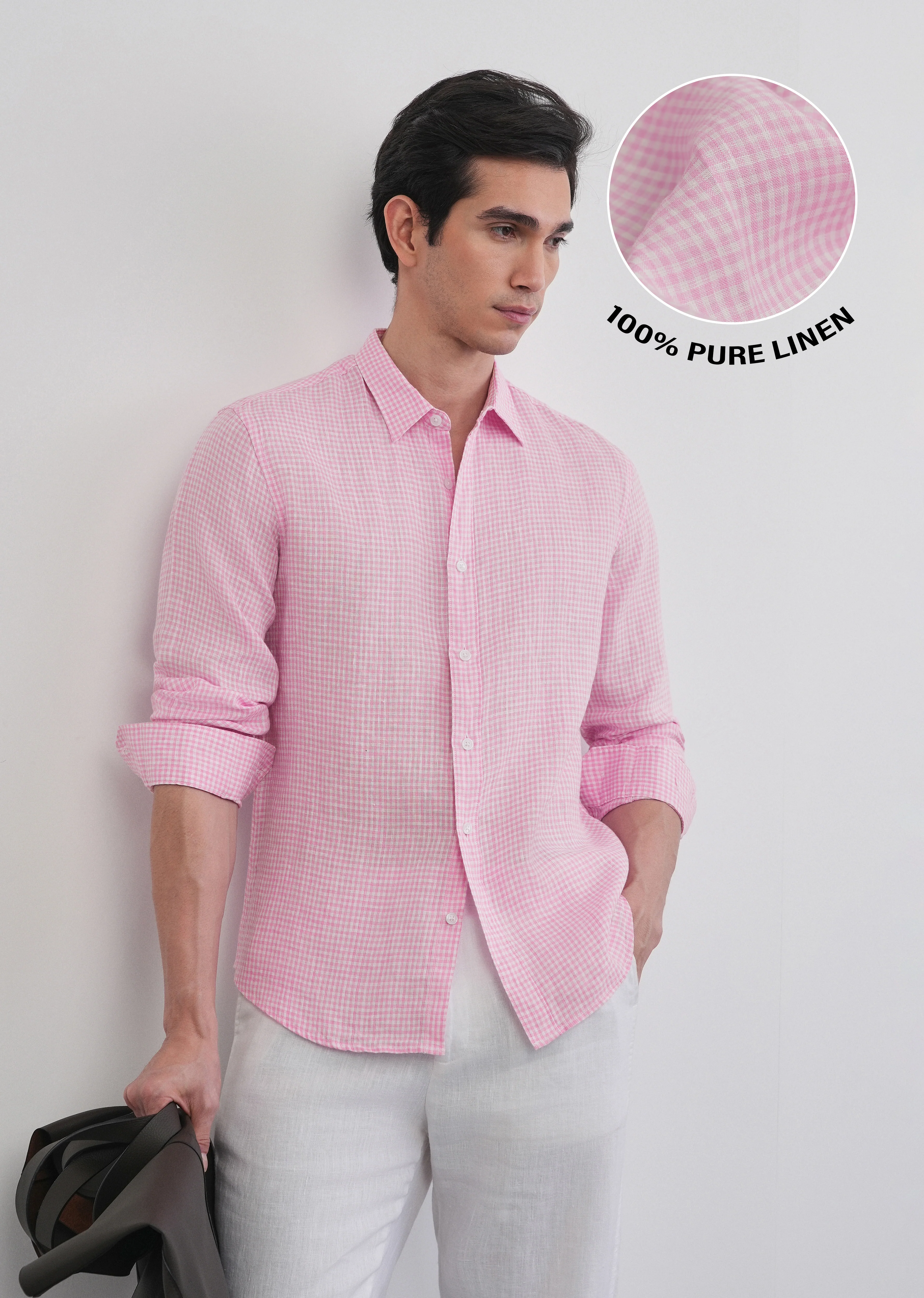 Pink 100% Pure Linen Gingham Check Shirt - Image 11