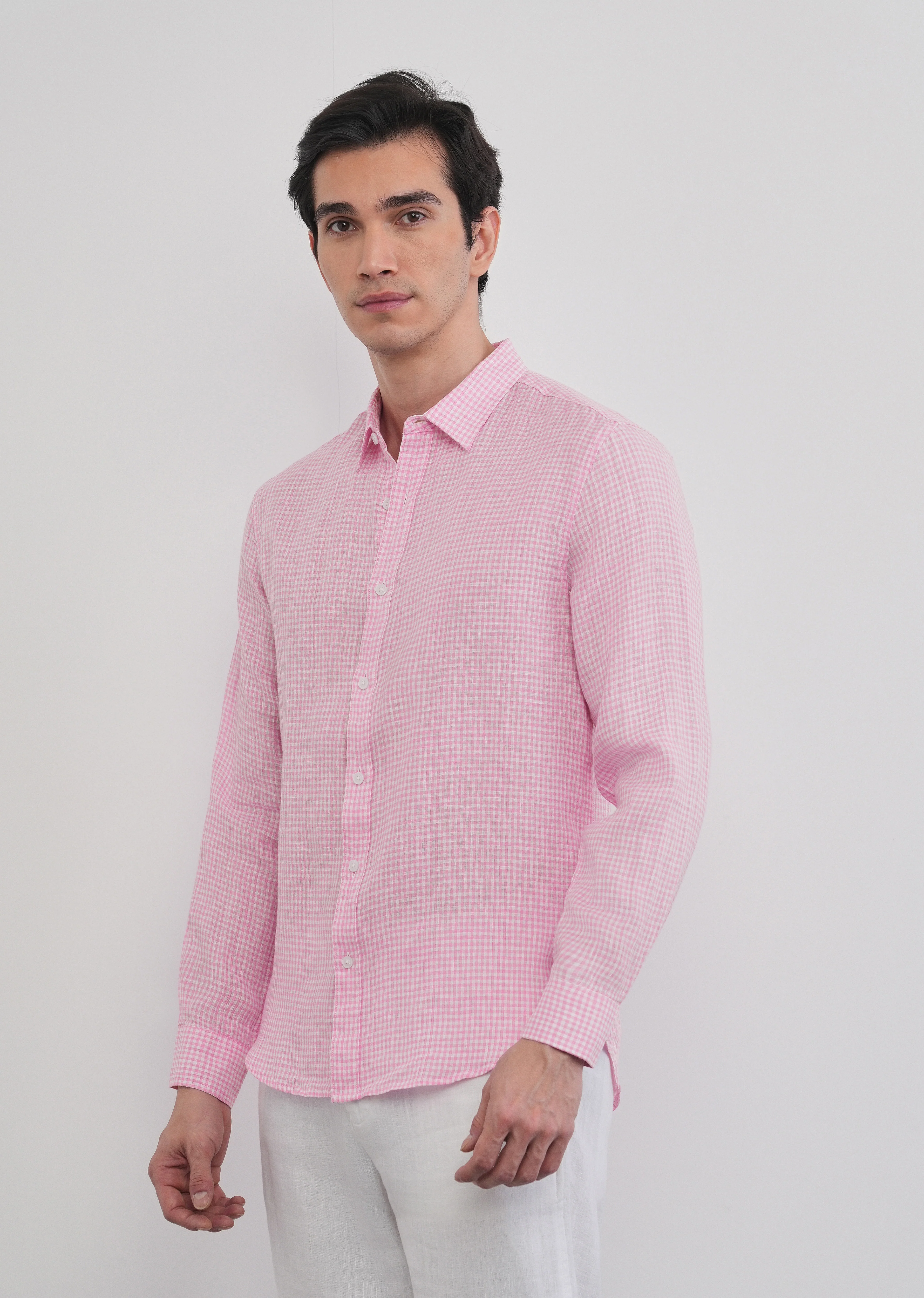Pink 100% Pure Linen Gingham Check Shirt - Image 8