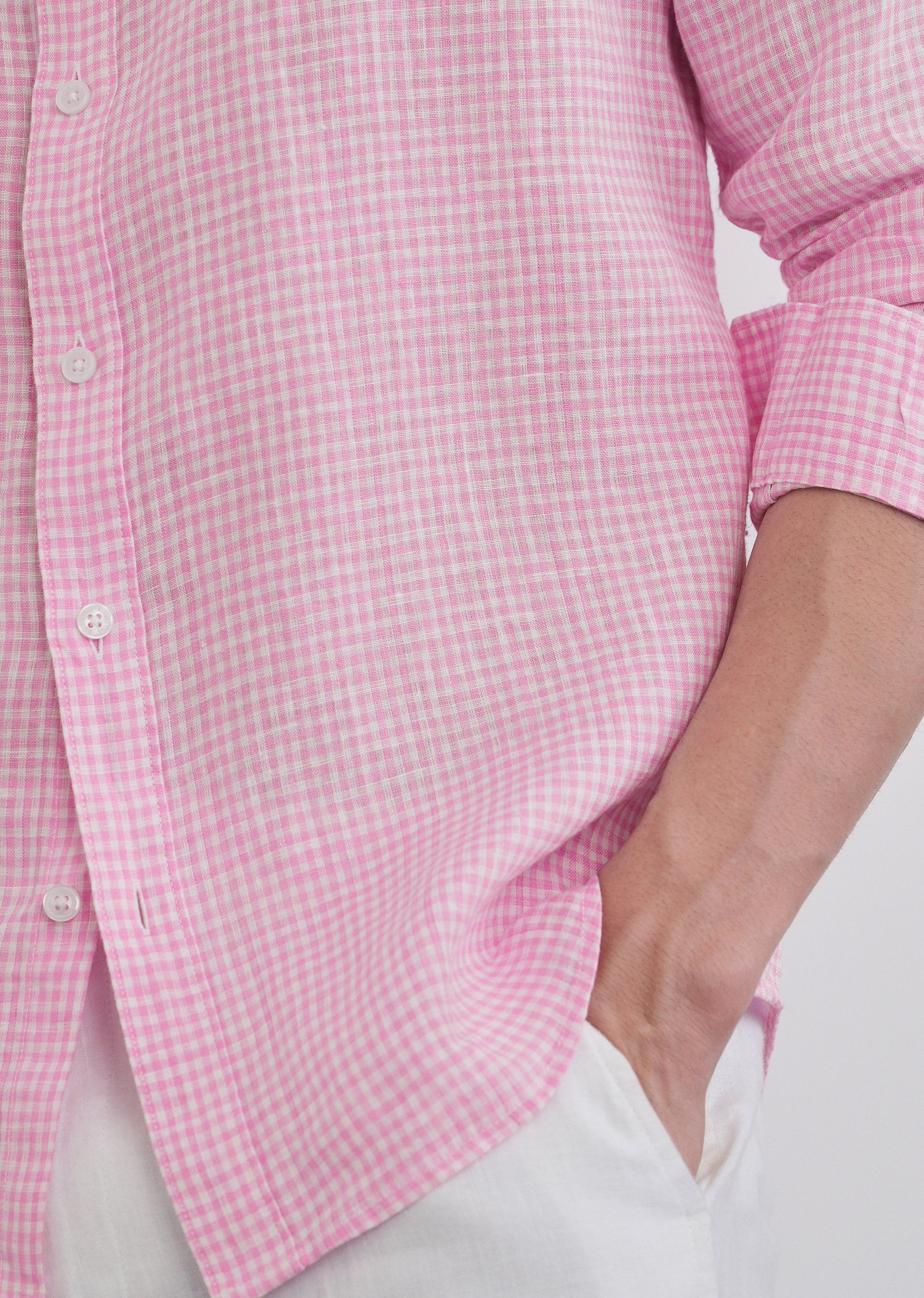 Pink 100% Pure Linen Gingham Check Shirt - Image 9