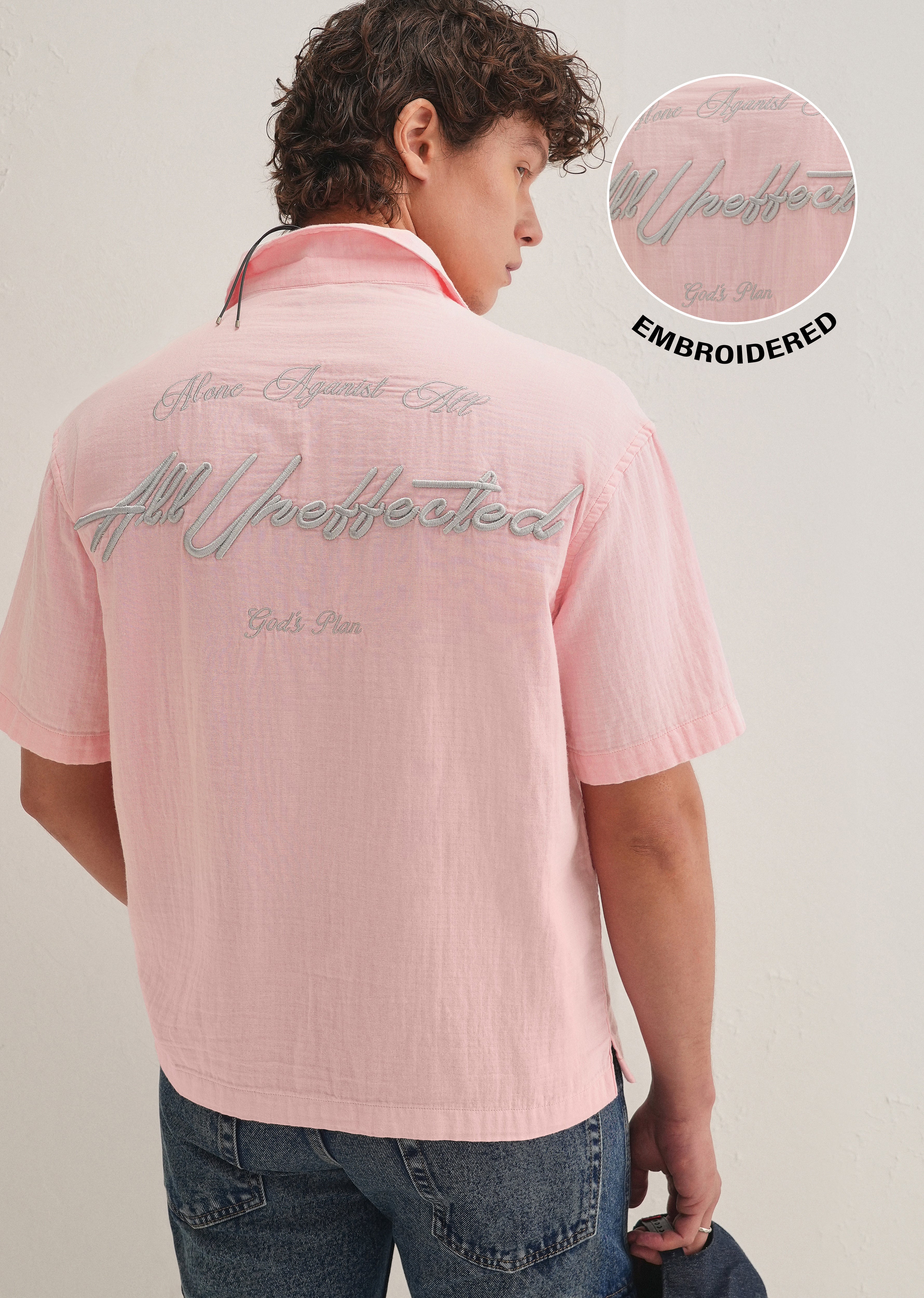 Pink Embroidered Double Cloth Cotton Shirt - Image 8