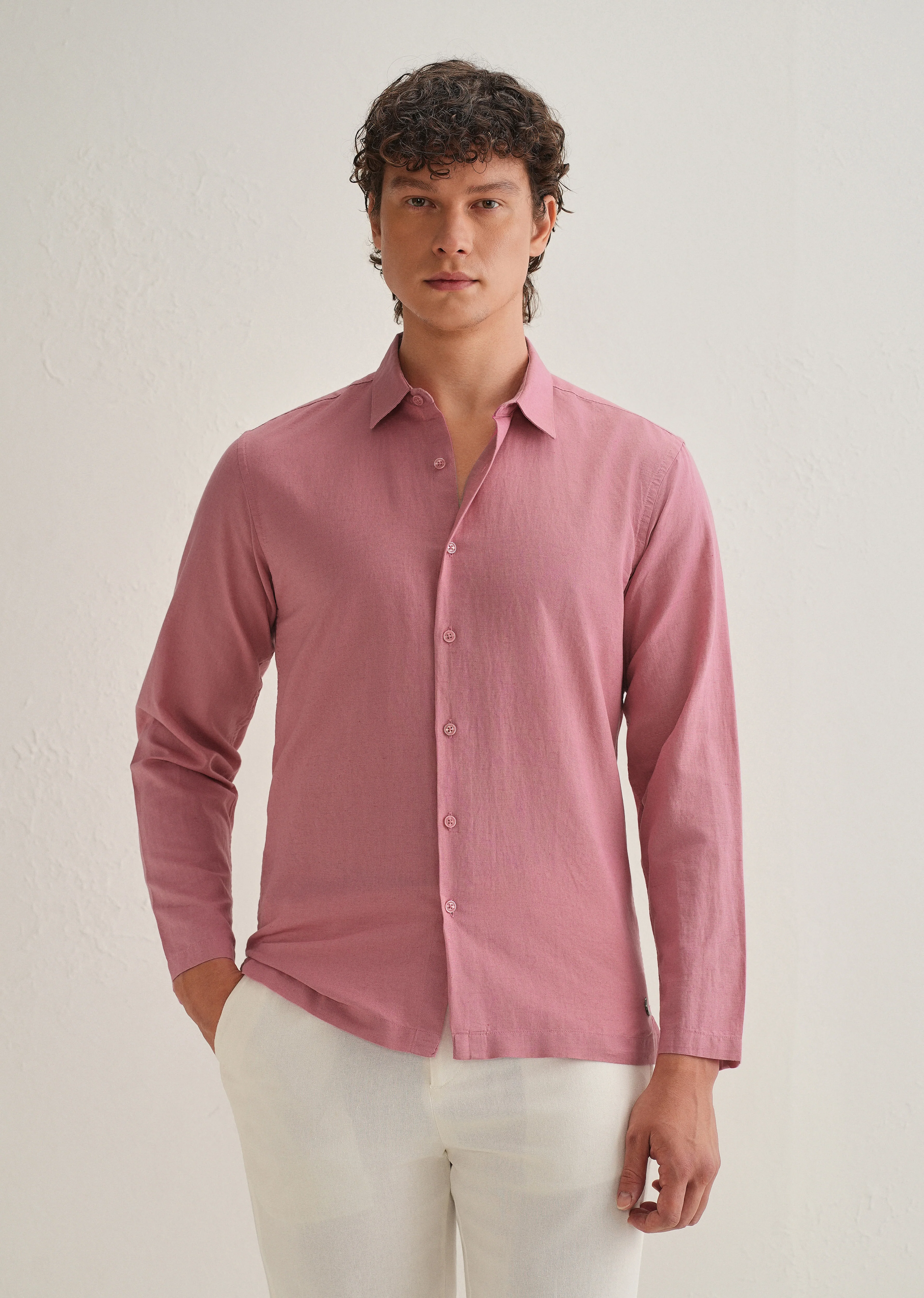 Pink Hidden Sleeve Placket Cotton Linen Shirt - Image 3