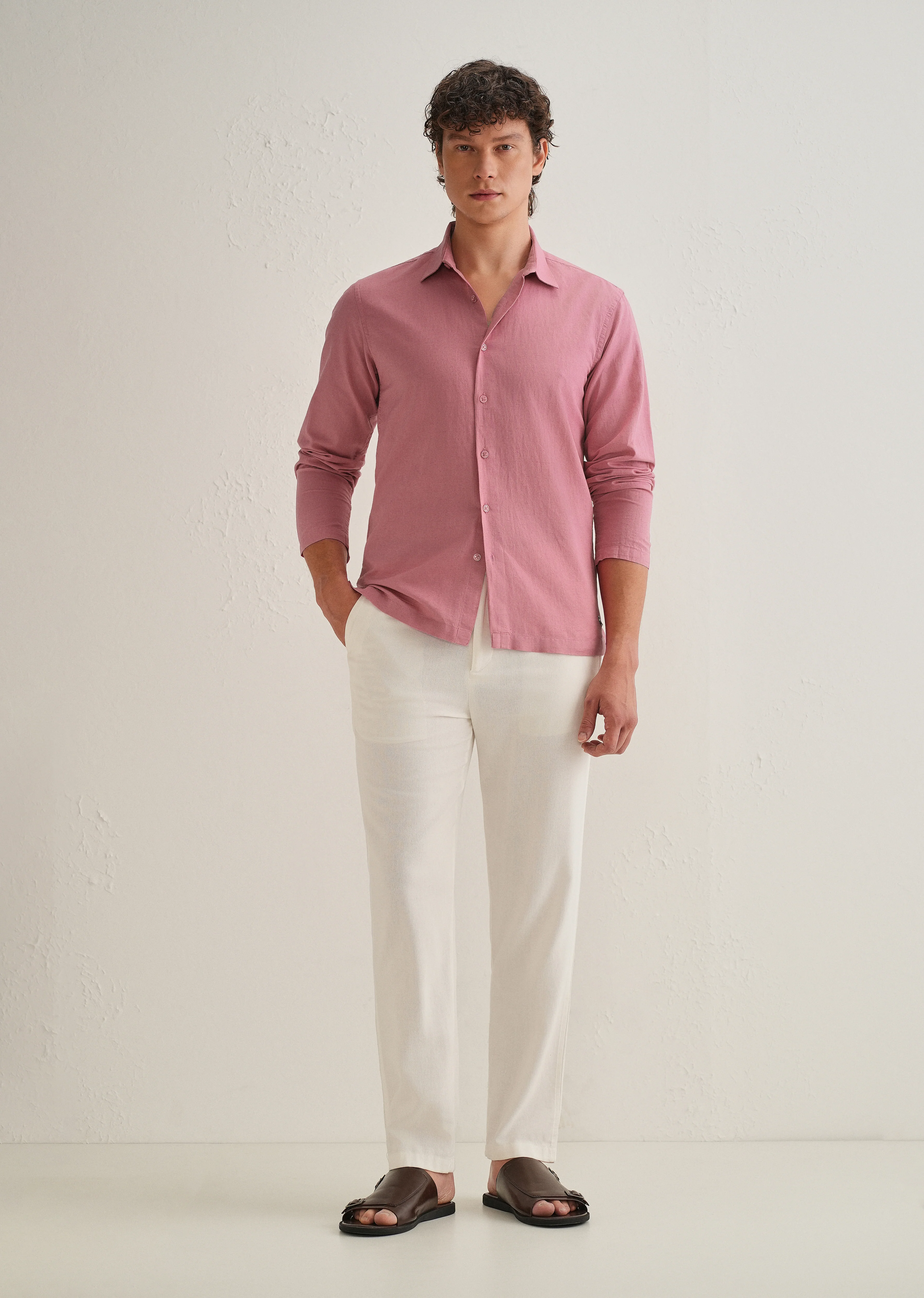Pink Hidden Sleeve Placket Cotton Linen Shirt - Image 7