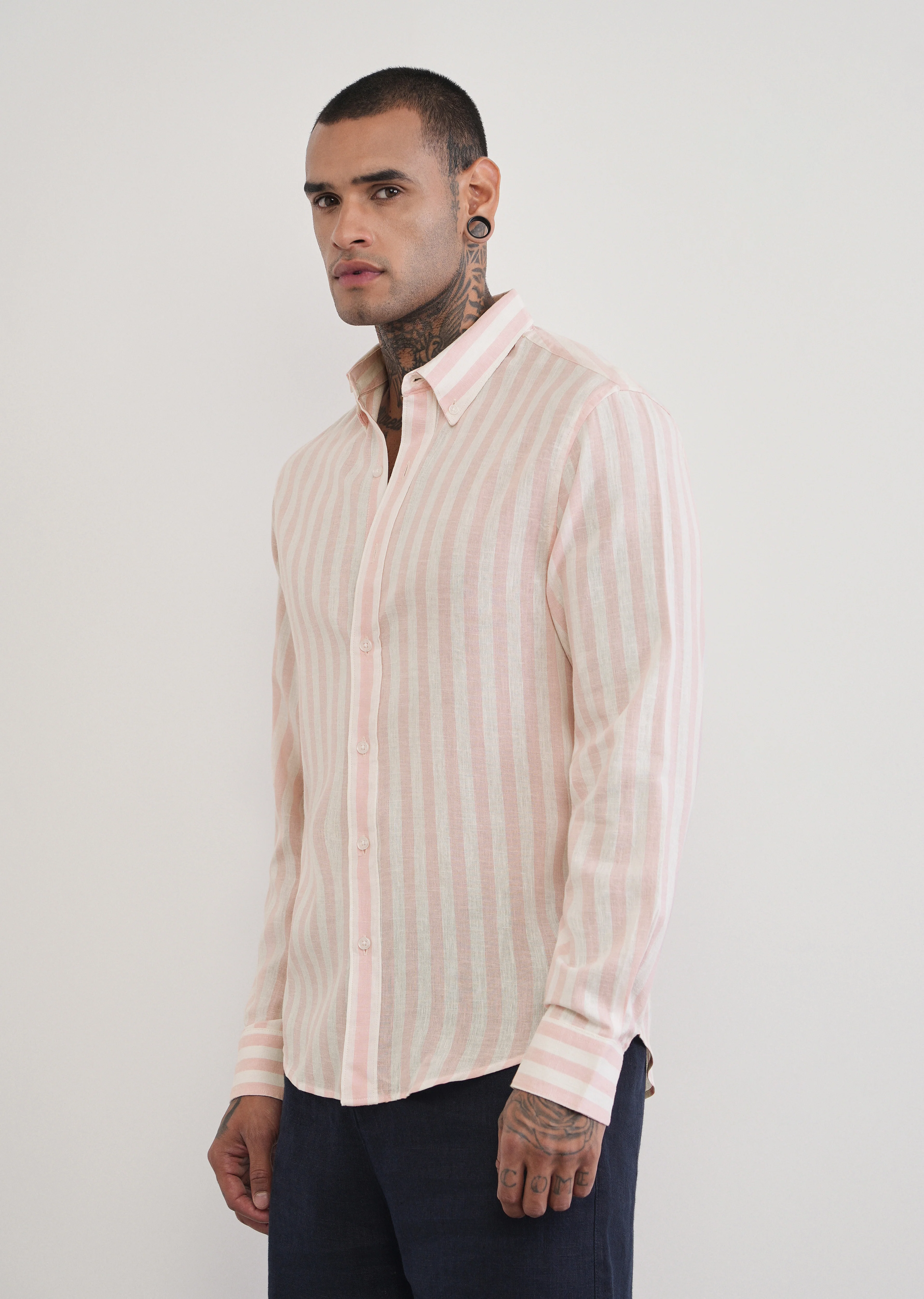 Pink Lyocell Linen Blend Stripe Shirt - Image 4